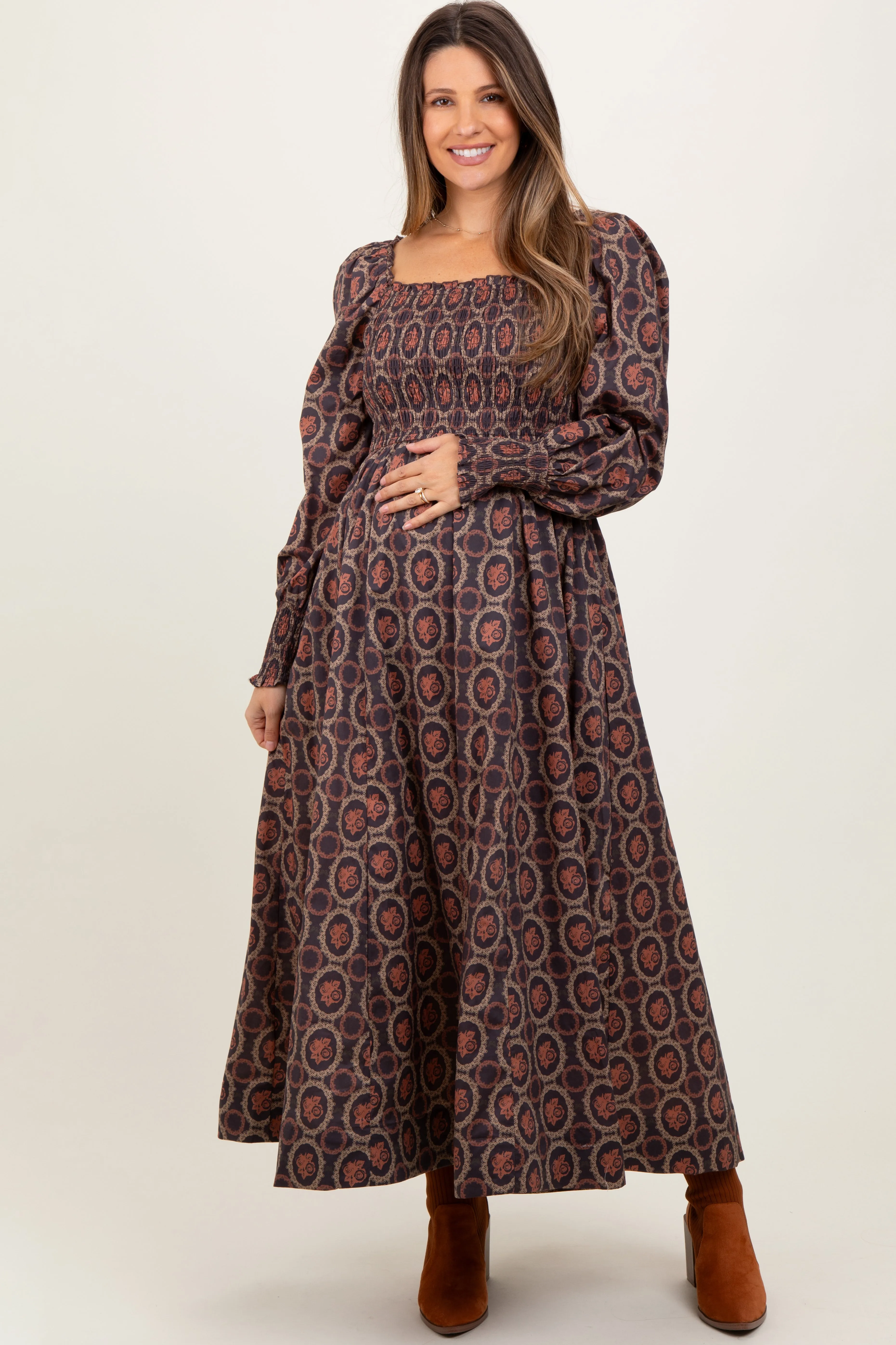 Brown Smocked Printed Square Neck Maternity Maxi Dress sold by Pinkblush