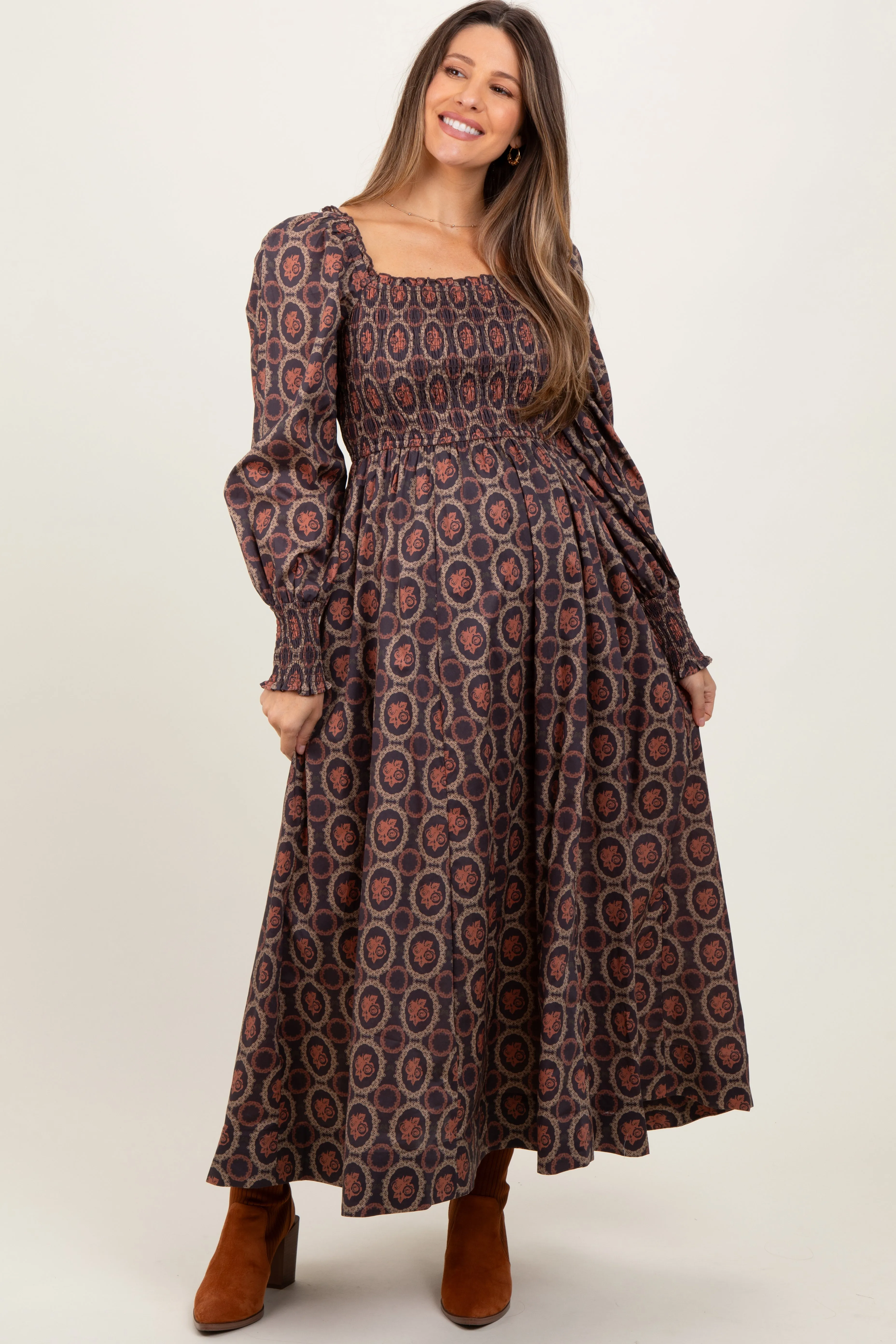 Brown Smocked Printed Square Neck Maternity Maxi Dress sold by Pinkblush product image thumbnail 2