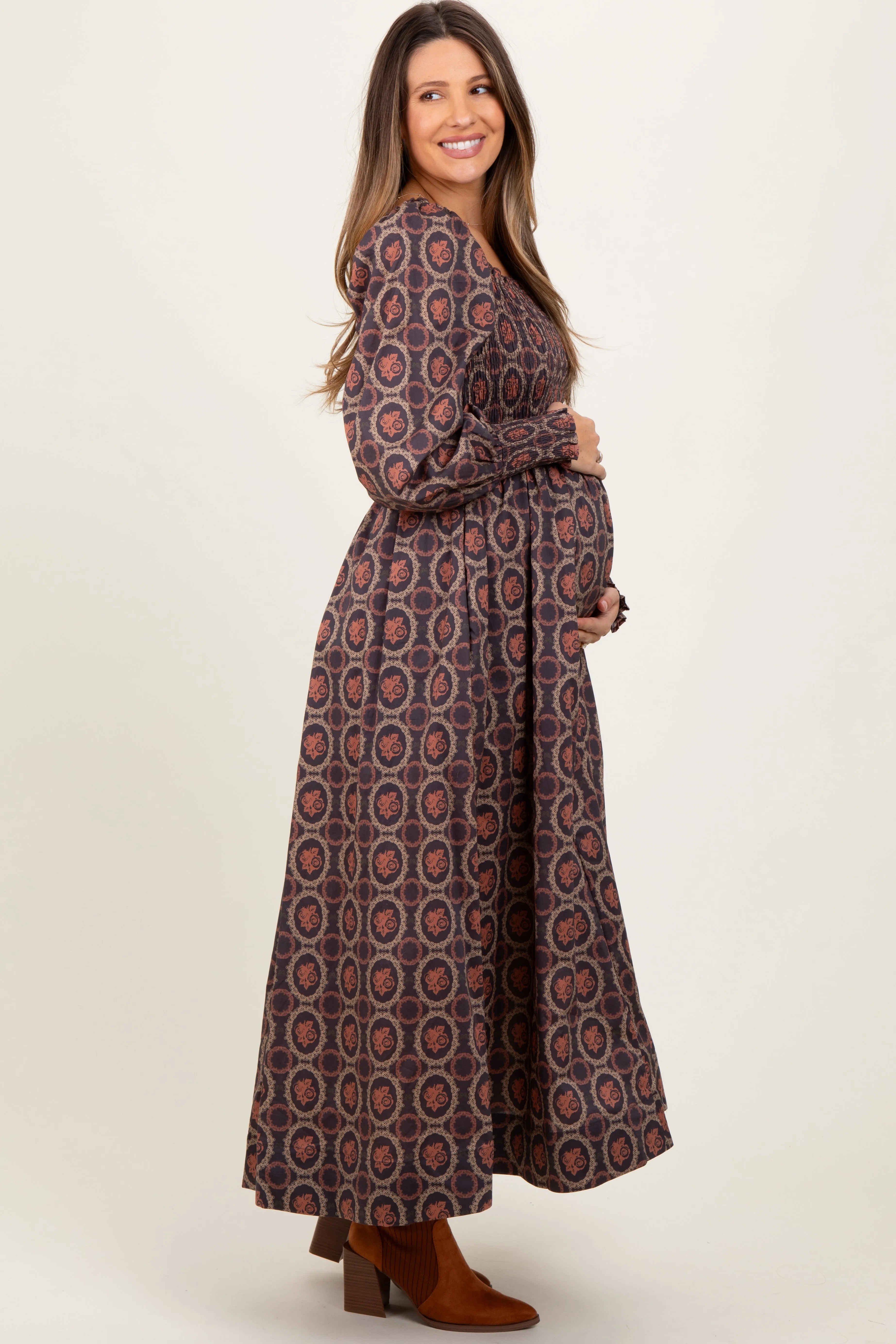 Brown Smocked Printed Square Neck Maternity Maxi Dress sold by Pinkblush product image thumbnail 3