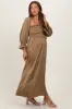 Olive Off Shoulder Satin Pleated Bodice Maternity Maxi Dress sold by Pinkblush