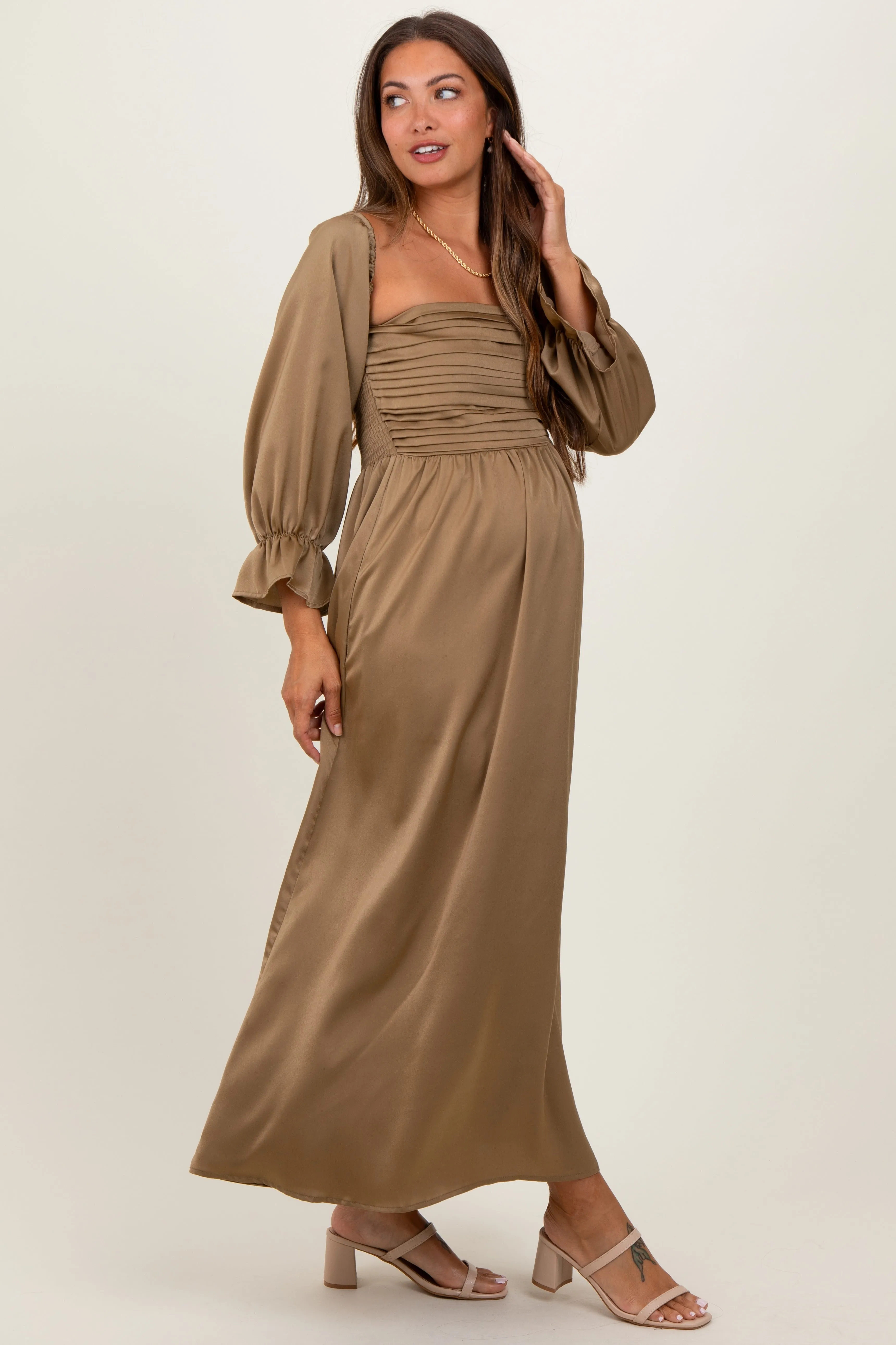 Olive Off Shoulder Satin Pleated Bodice Maternity Maxi Dress sold by Pinkblush product image thumbnail 3