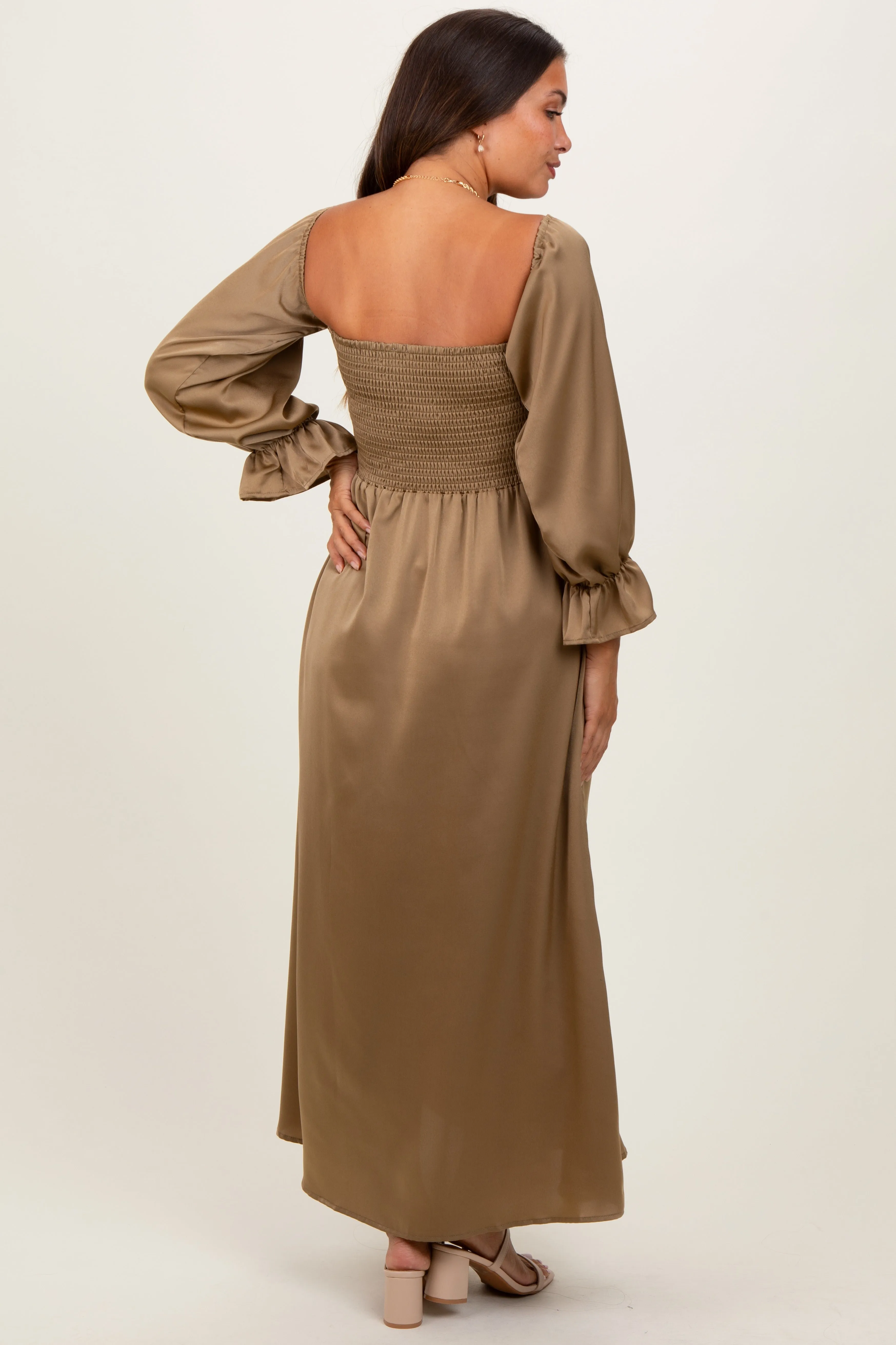 Olive Off Shoulder Satin Pleated Bodice Maternity Maxi Dress sold by Pinkblush product image thumbnail 4