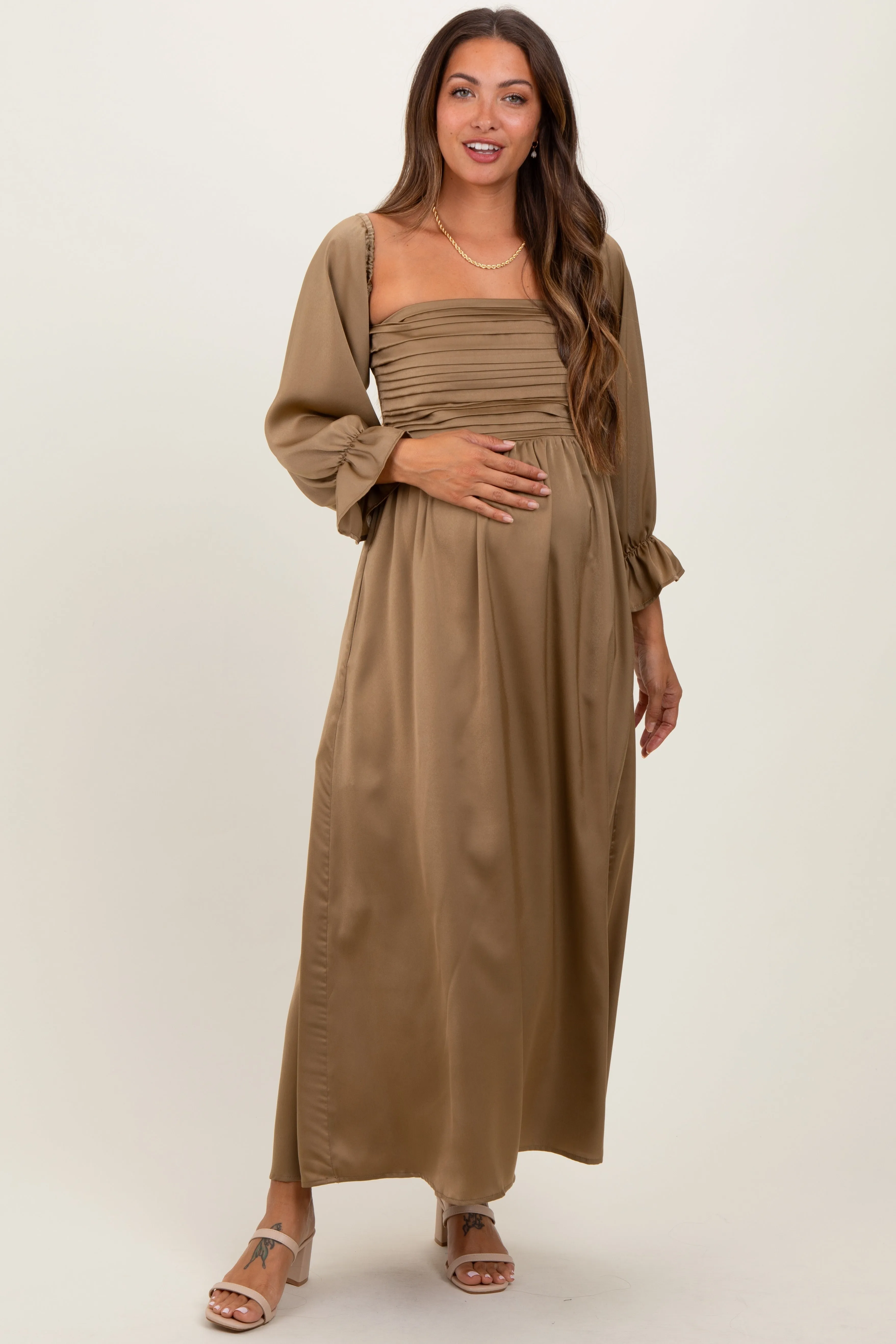 Olive Off Shoulder Satin Pleated Bodice Maternity Maxi Dress sold by Pinkblush