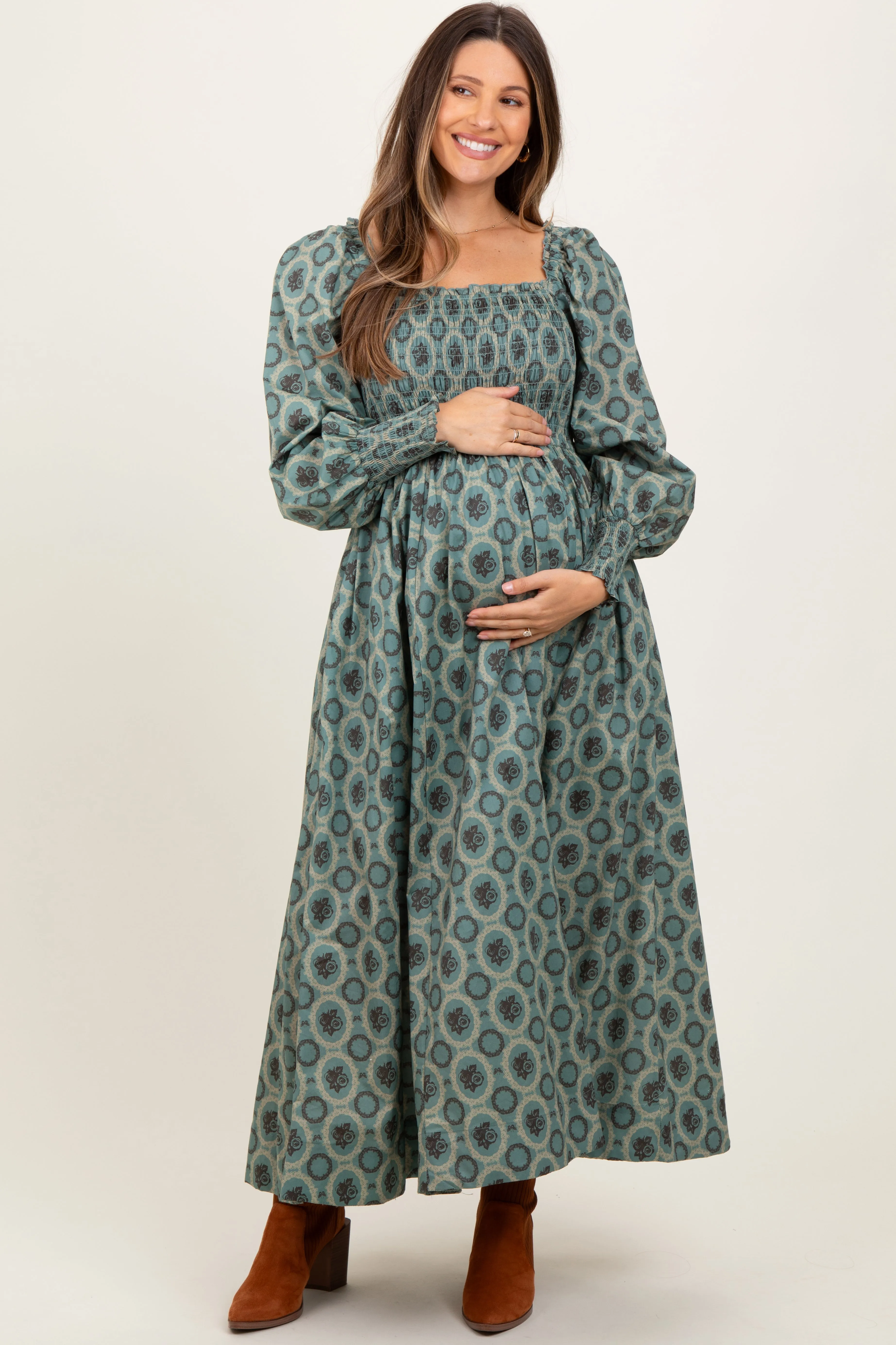 Olive Smocked Printed Square Neck Maternity Maxi Dress sold by Pinkblush product image thumbnail 2