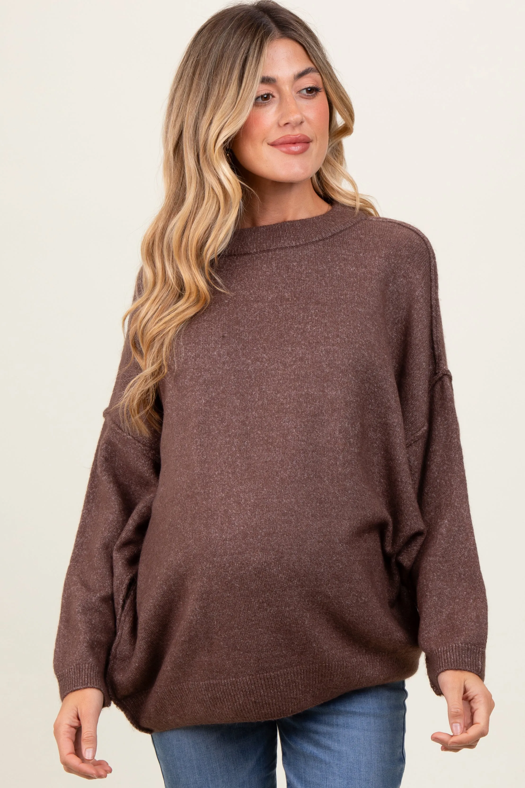 Brown Oversized Crewneck Melange Knit Maternity Sweater sold by Pinkblush