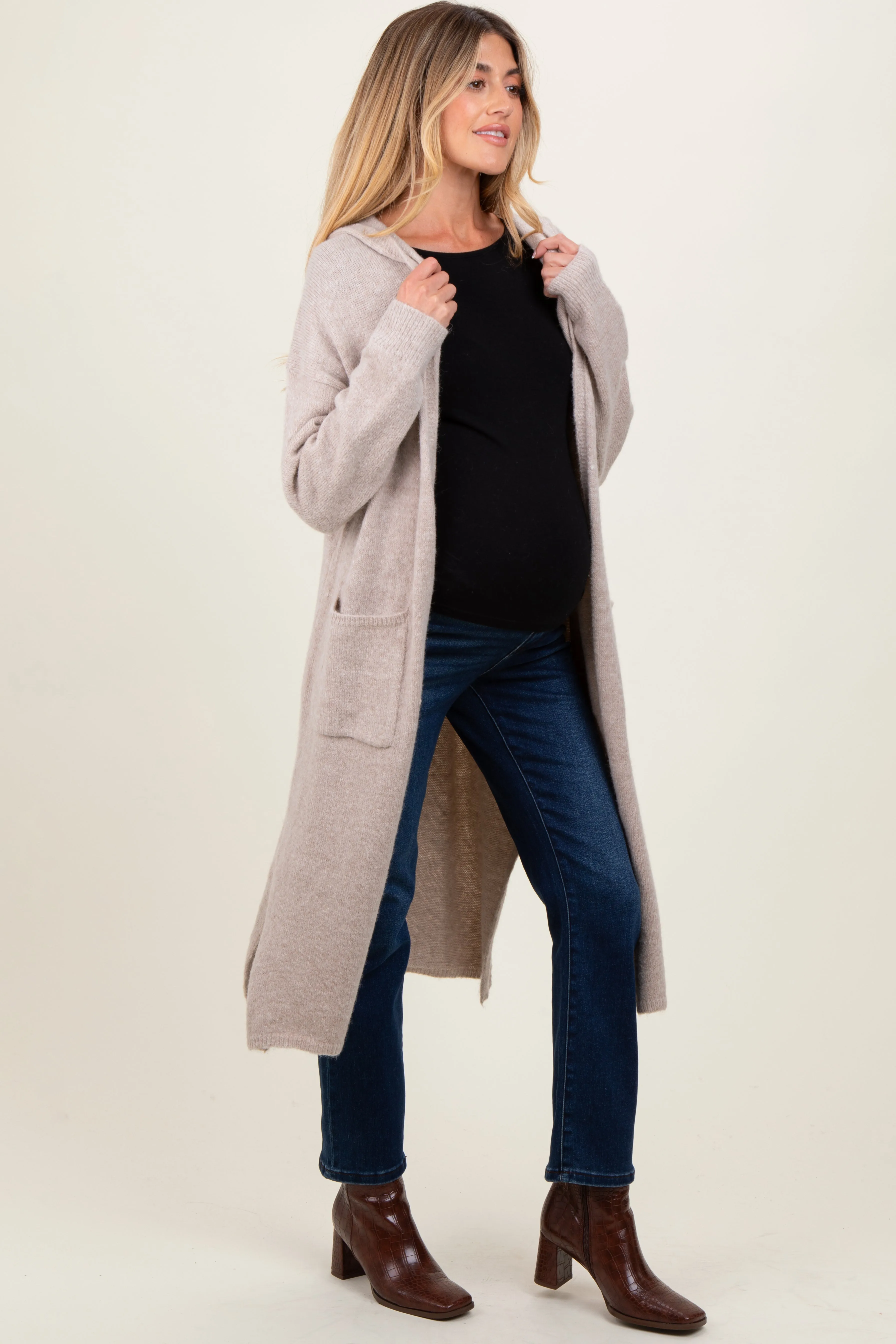 Beige Long Hooded Open Front Maternity Cardigan sold by Pinkblush product image thumbnail 2
