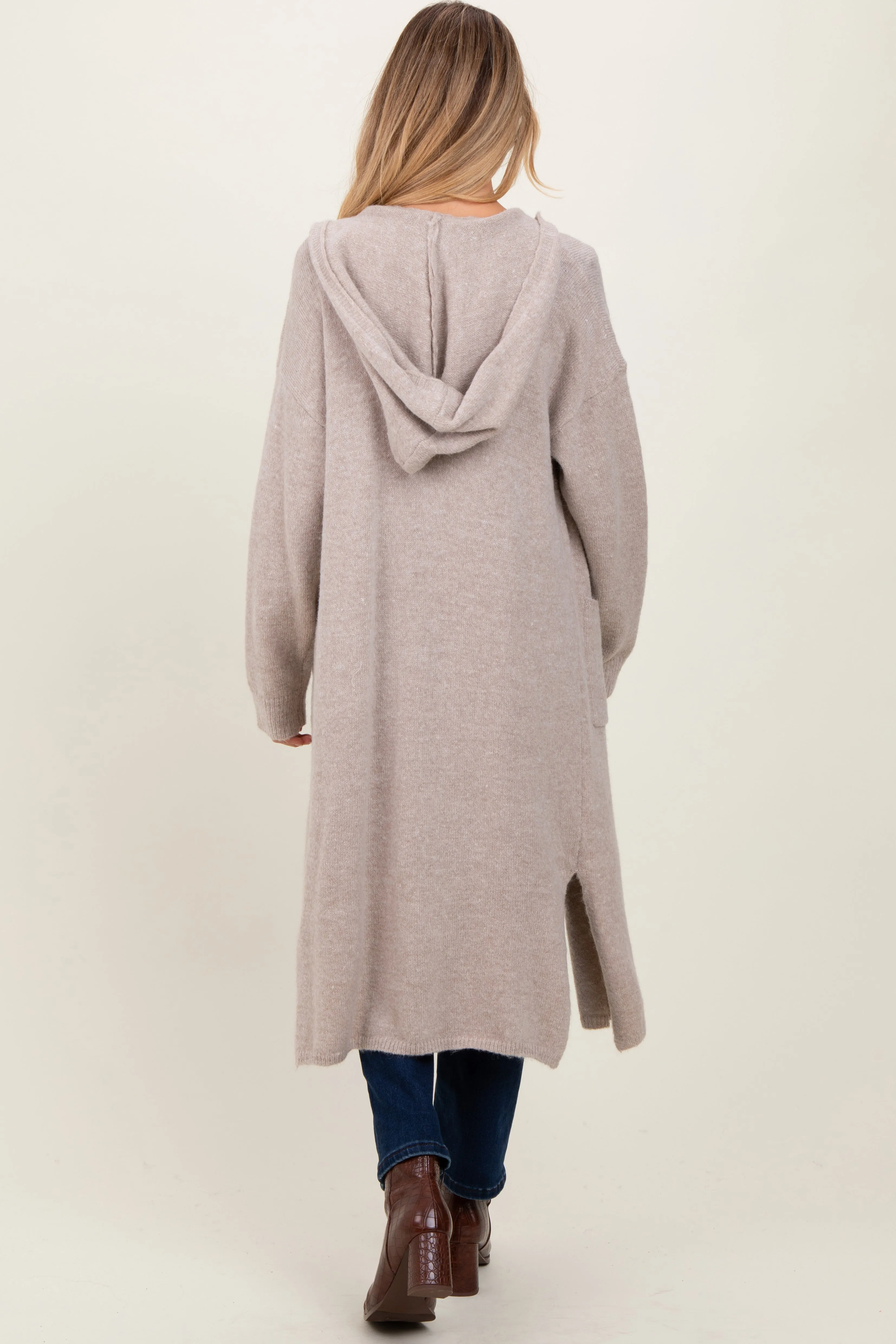 Beige Long Hooded Open Front Maternity Cardigan sold by Pinkblush product image thumbnail 3