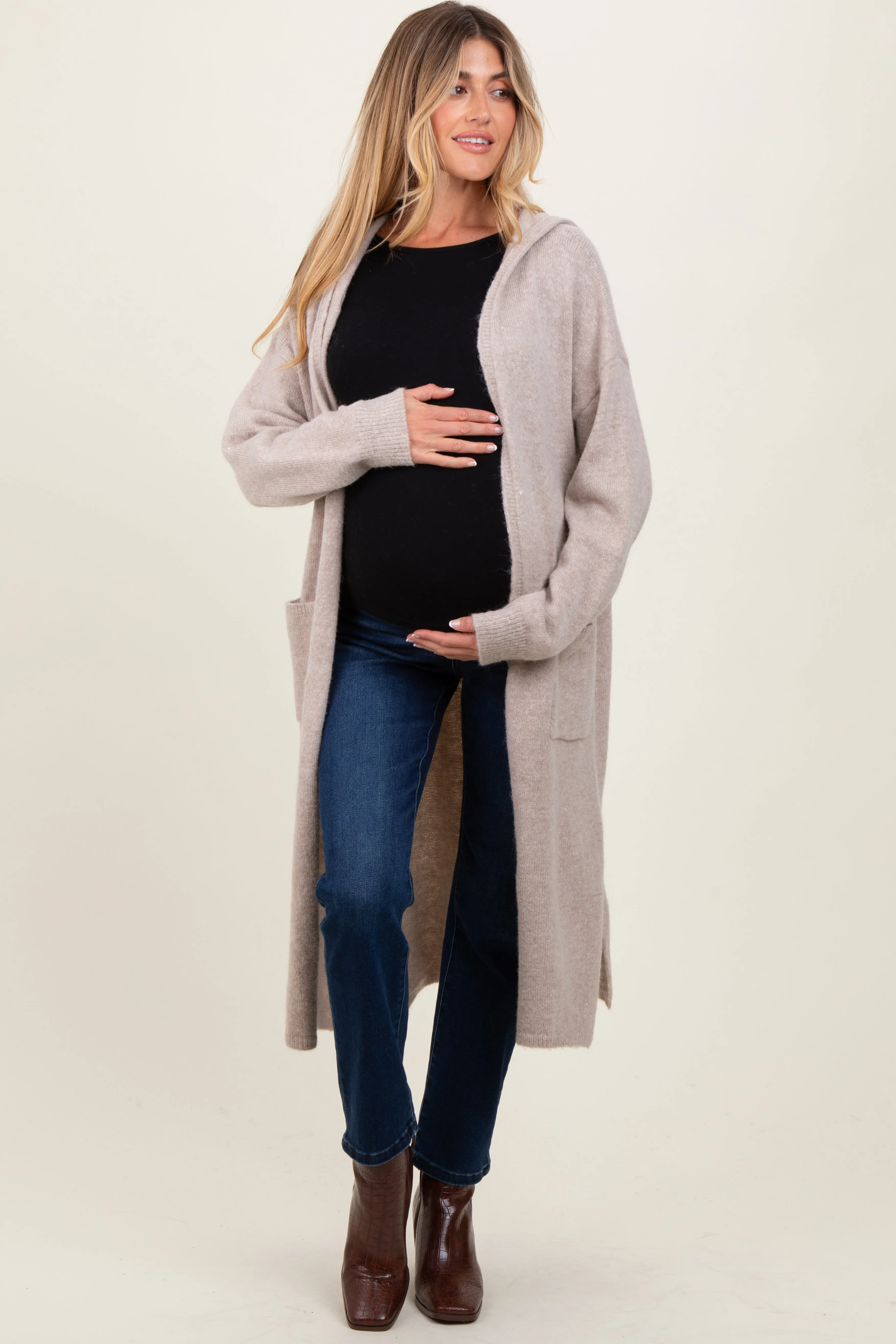 Beige Long Hooded Open Front Maternity Cardigan sold by Pinkblush