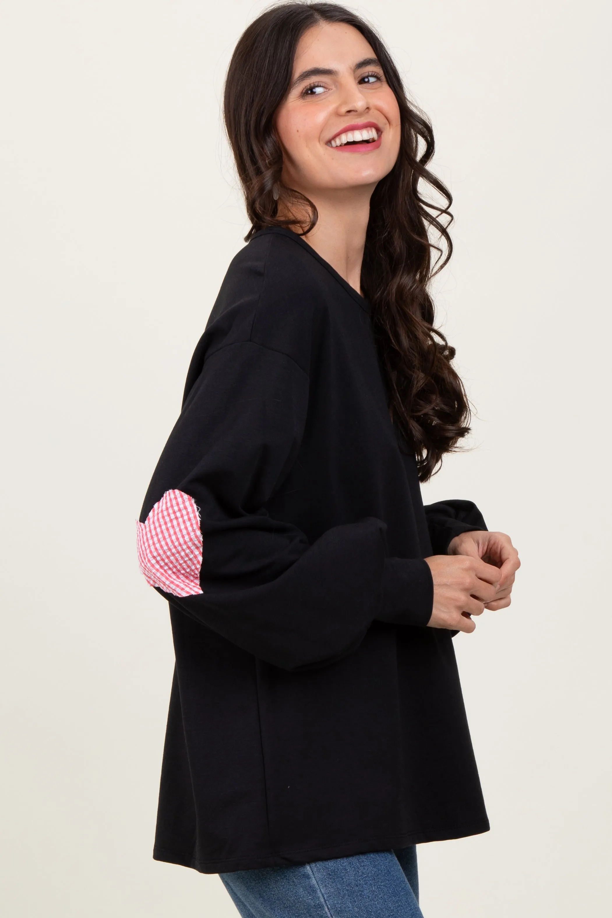 Black Solid Long Sleeve Heart Patch Top sold by Pinkblush product image thumbnail 2