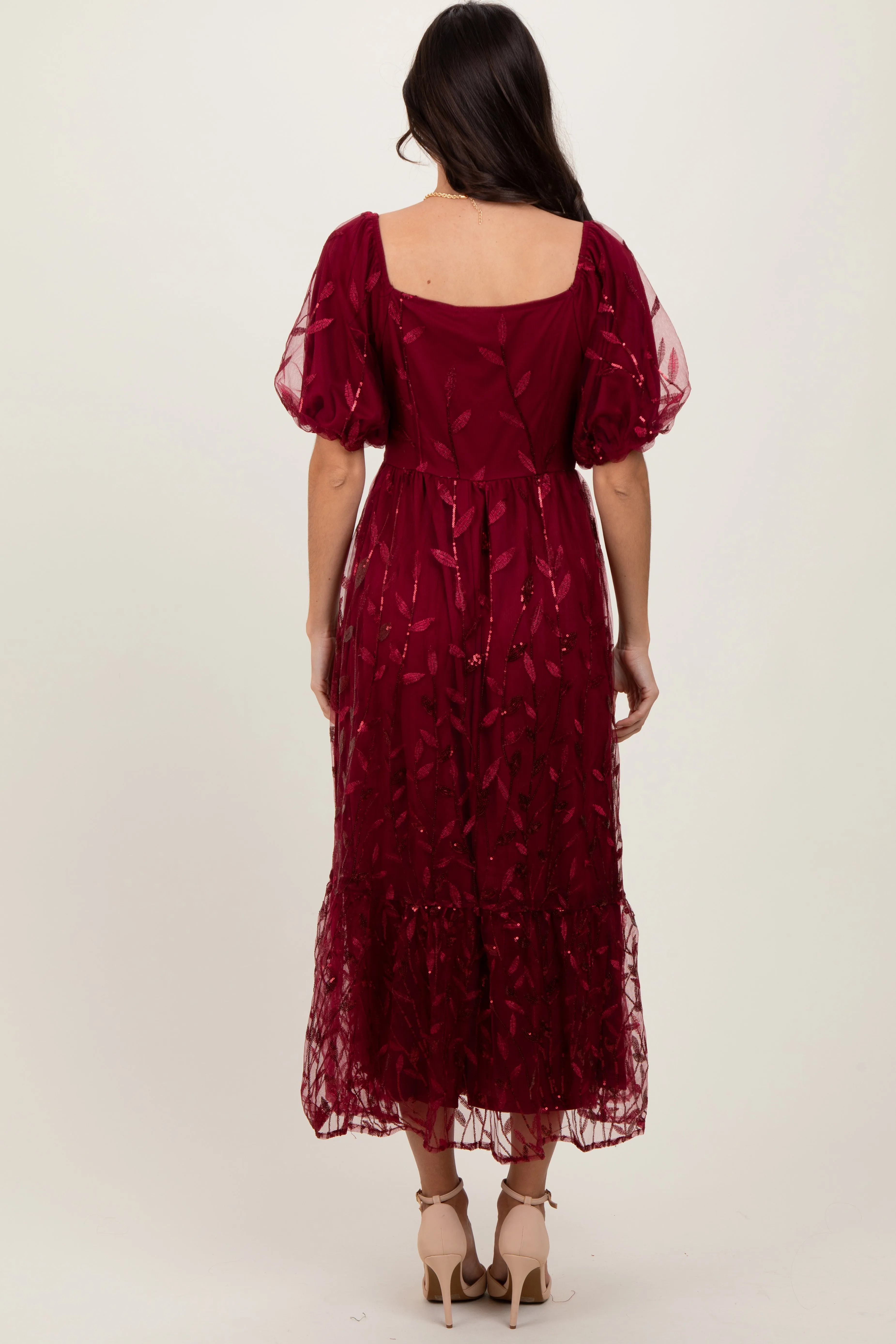 Burgundy Embroidered Sequin Detail Mesh Overlay Maxi Dress sold by Pinkblush product image thumbnail 3
