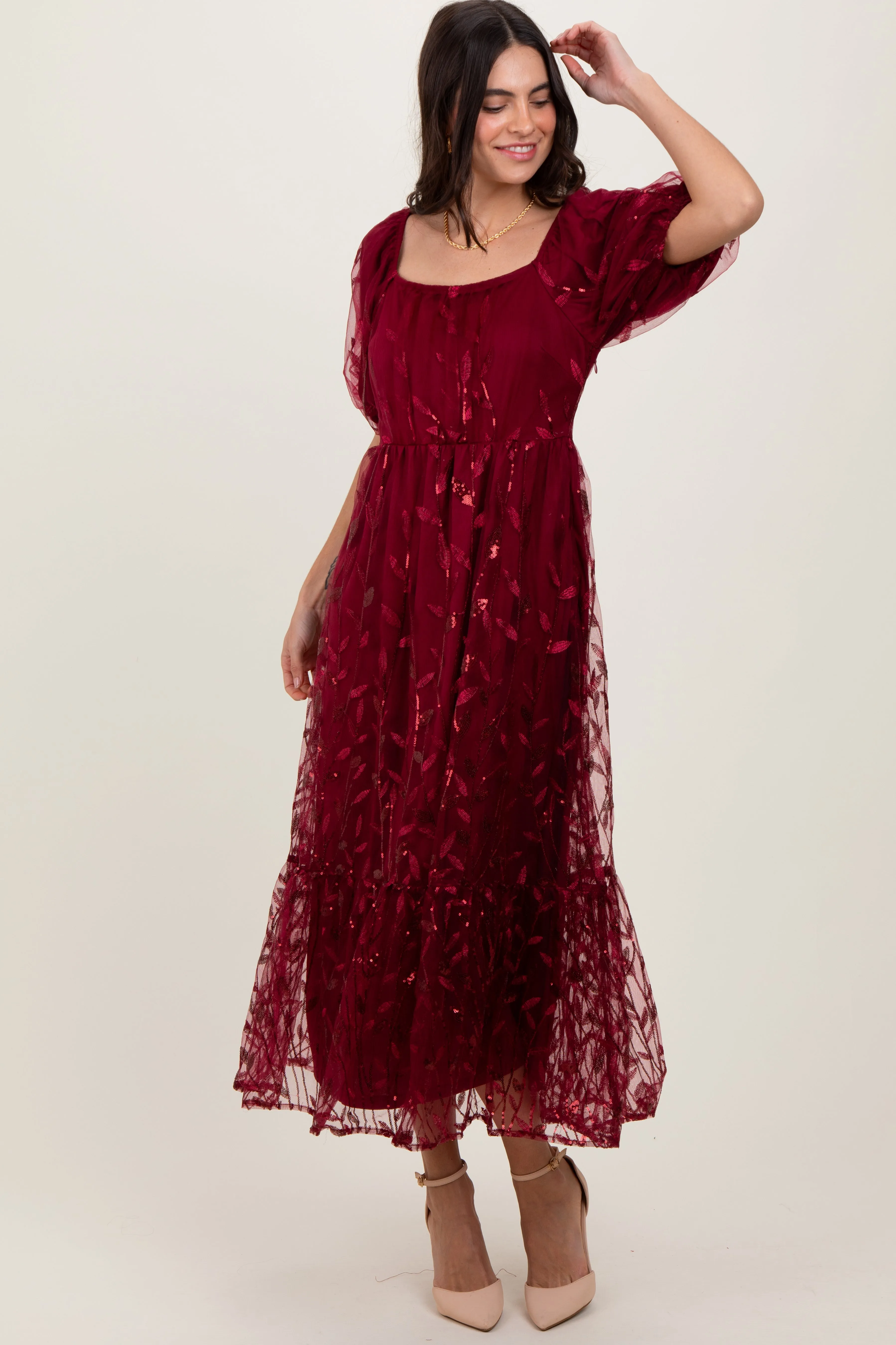 Burgundy Embroidered Sequin Detail Mesh Overlay Maxi Dress sold by Pinkblush