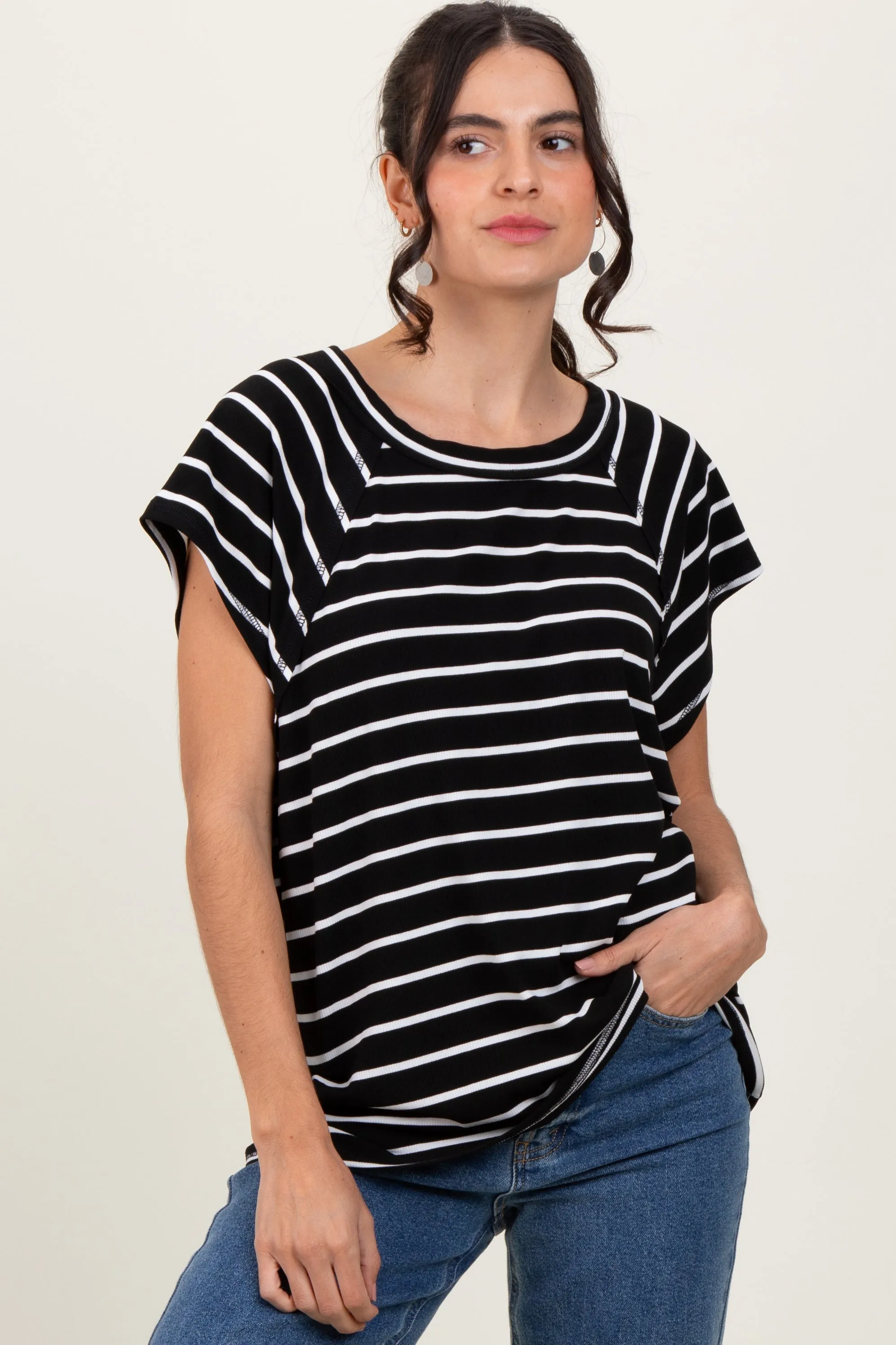 Black Stripe Ribbed Short Sleeve Tunic Top sold by Pinkblush product image thumbnail 2