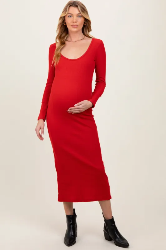Red Scoop Neck Long Sleeve Maternity Midi Dress sold by Pinkblush