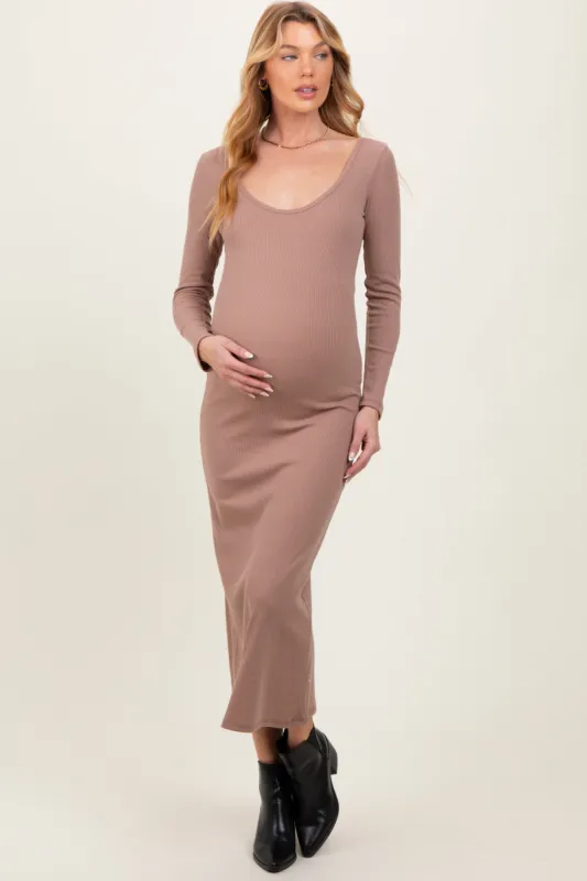Mocha Scoop Neck Long Sleeve Maternity Midi Dress sold by Pinkblush
