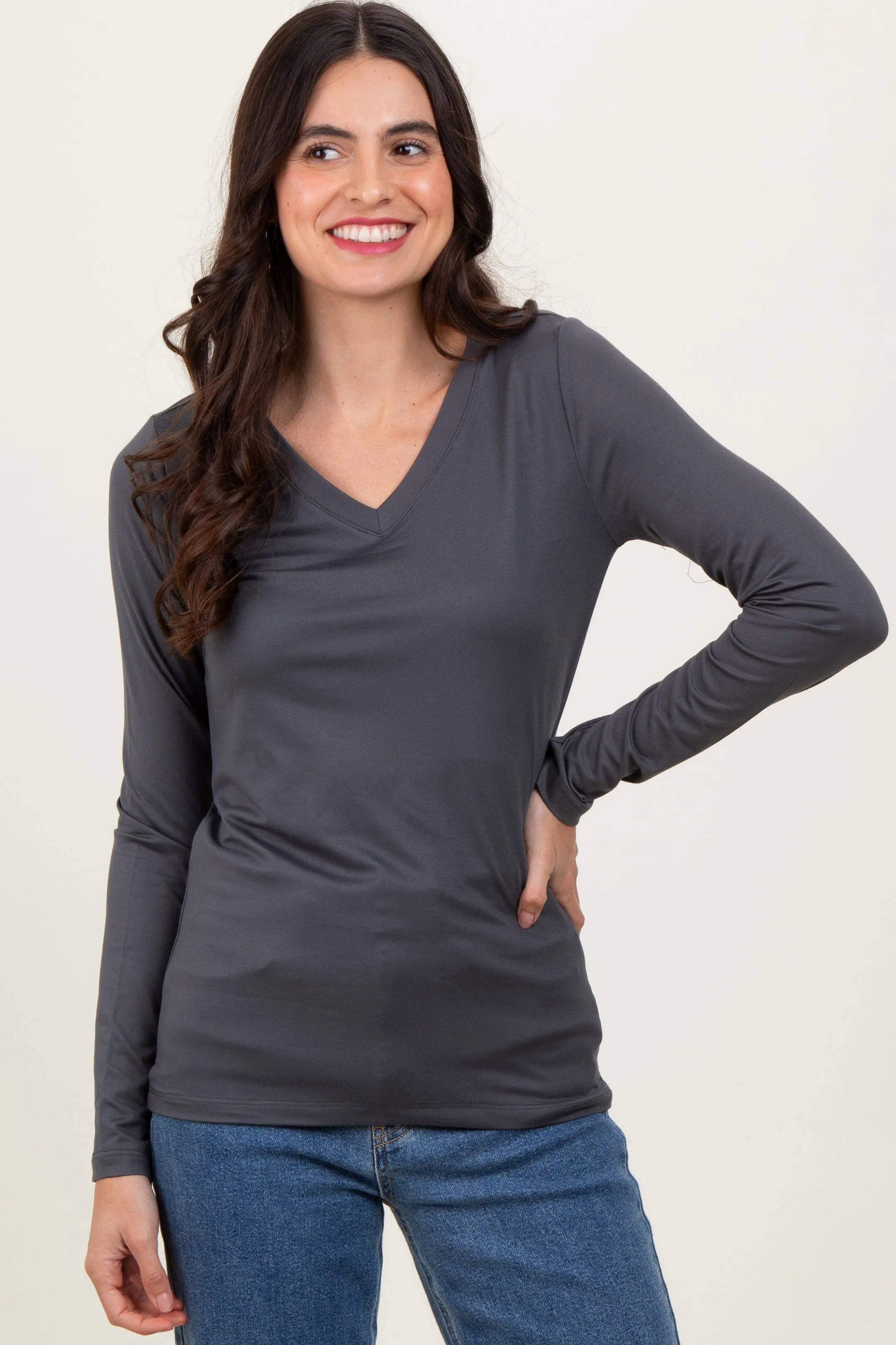 Charcoal Brushed Knit V-Neck Long Sleeve Top sold by Pinkblush product image thumbnail 2