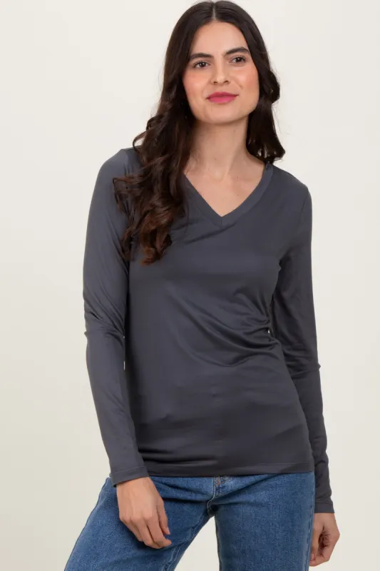 Charcoal Brushed Knit V-Neck Long Sleeve Top sold by Pinkblush