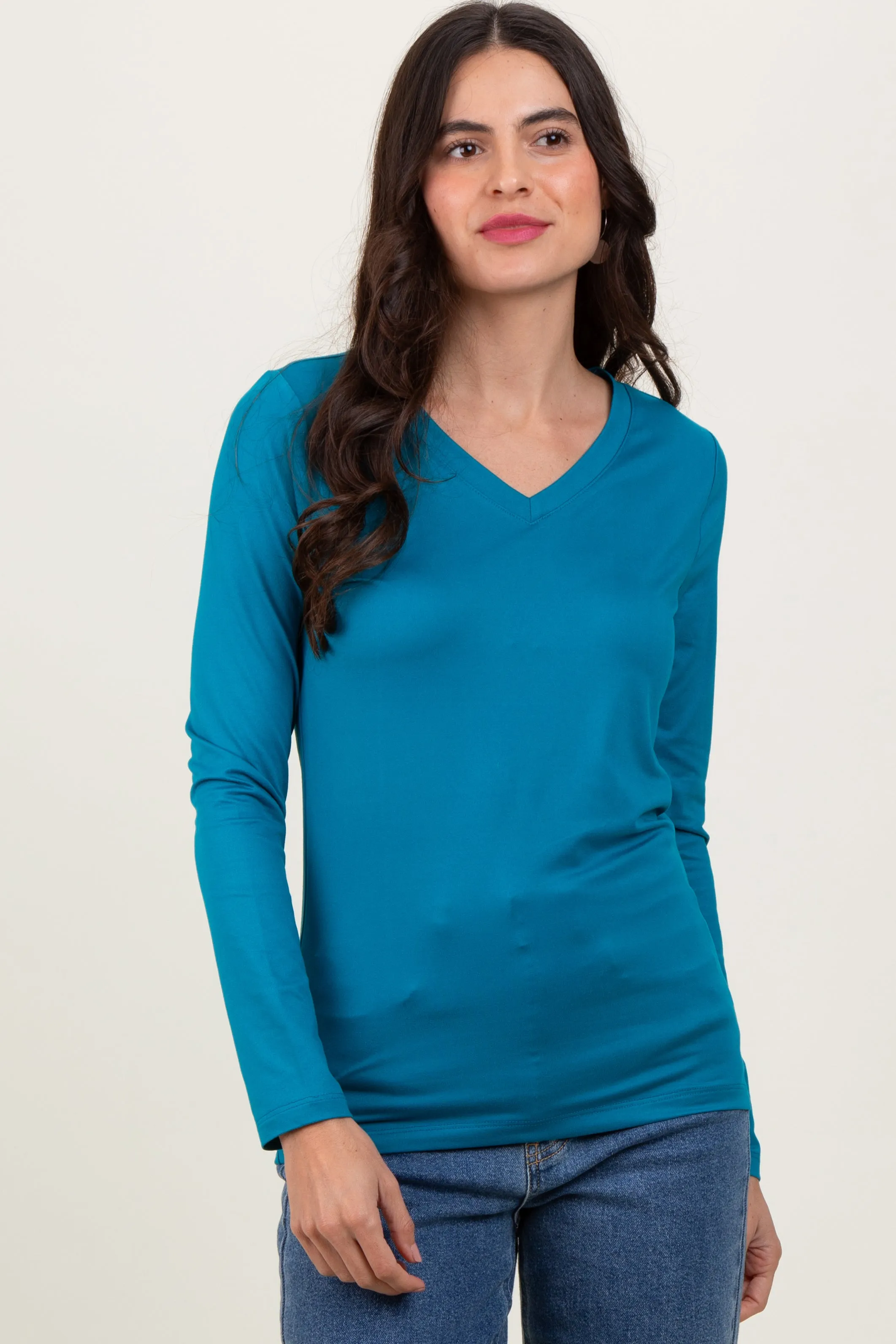 Teal Brushed Knit V-Neck Long Sleeve Top sold by Pinkblush product image thumbnail 2