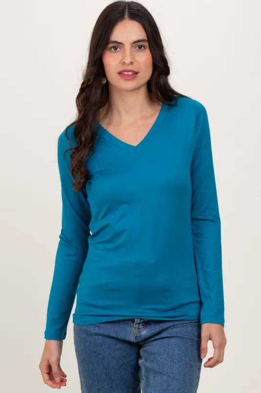 Teal Brushed Knit V-Neck Long Sleeve Top sold by Pinkblush