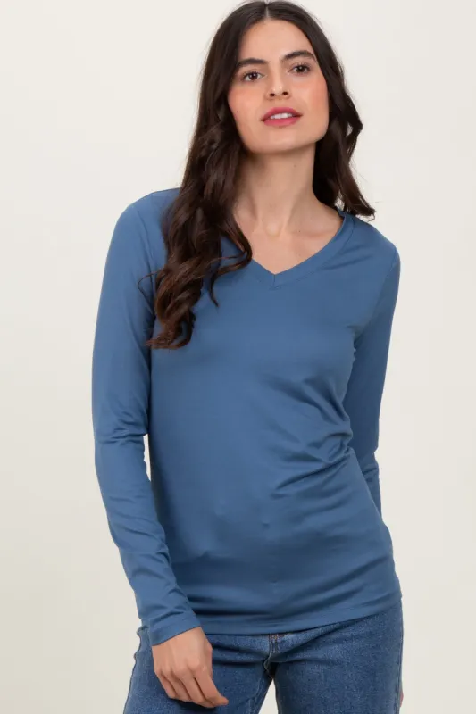 Blue Brushed Knit V-Neck Long Sleeve Top sold by Pinkblush
