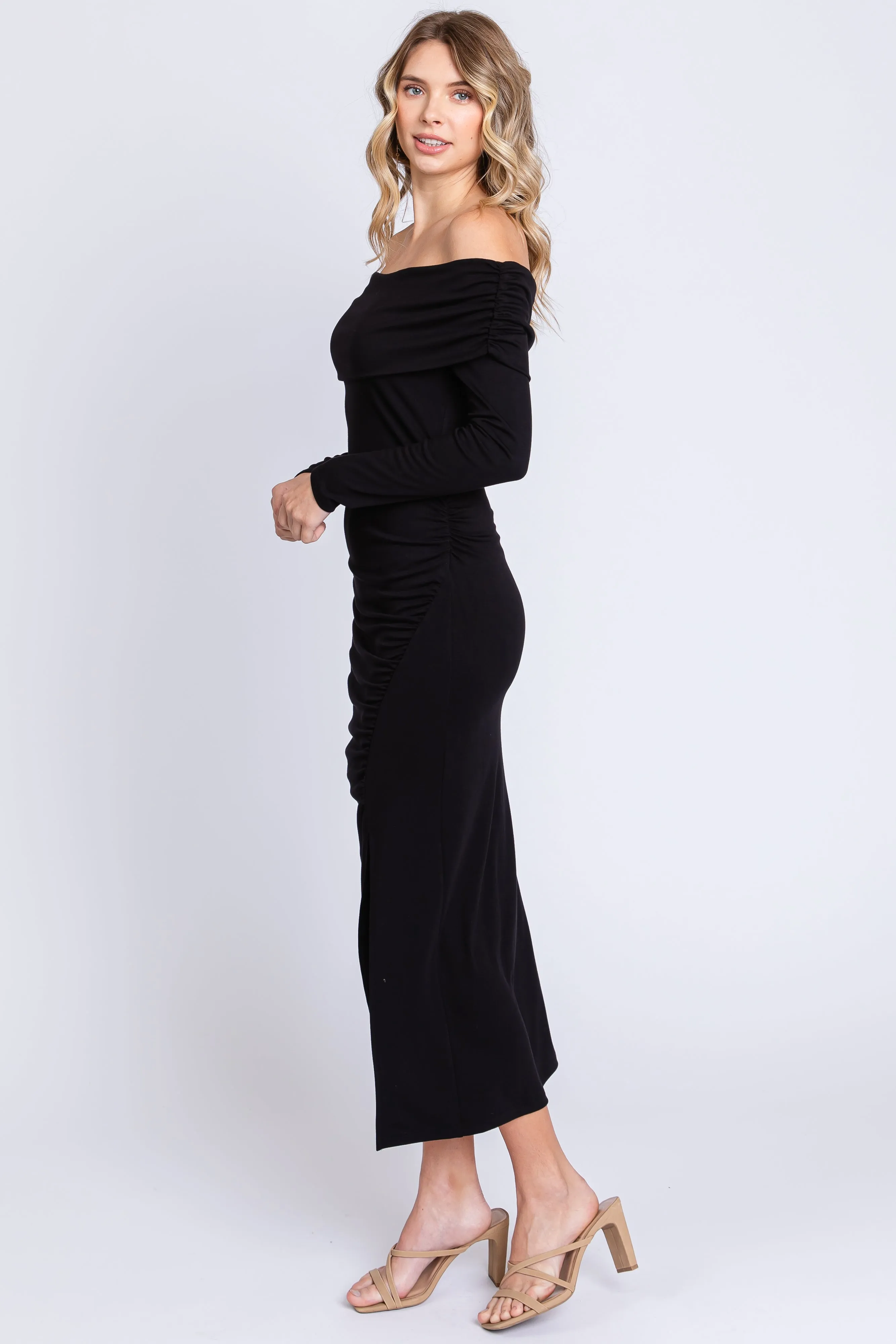 Black Foldover Off Shoulder Front Slit Midi Dress sold by Pinkblush product image thumbnail 3