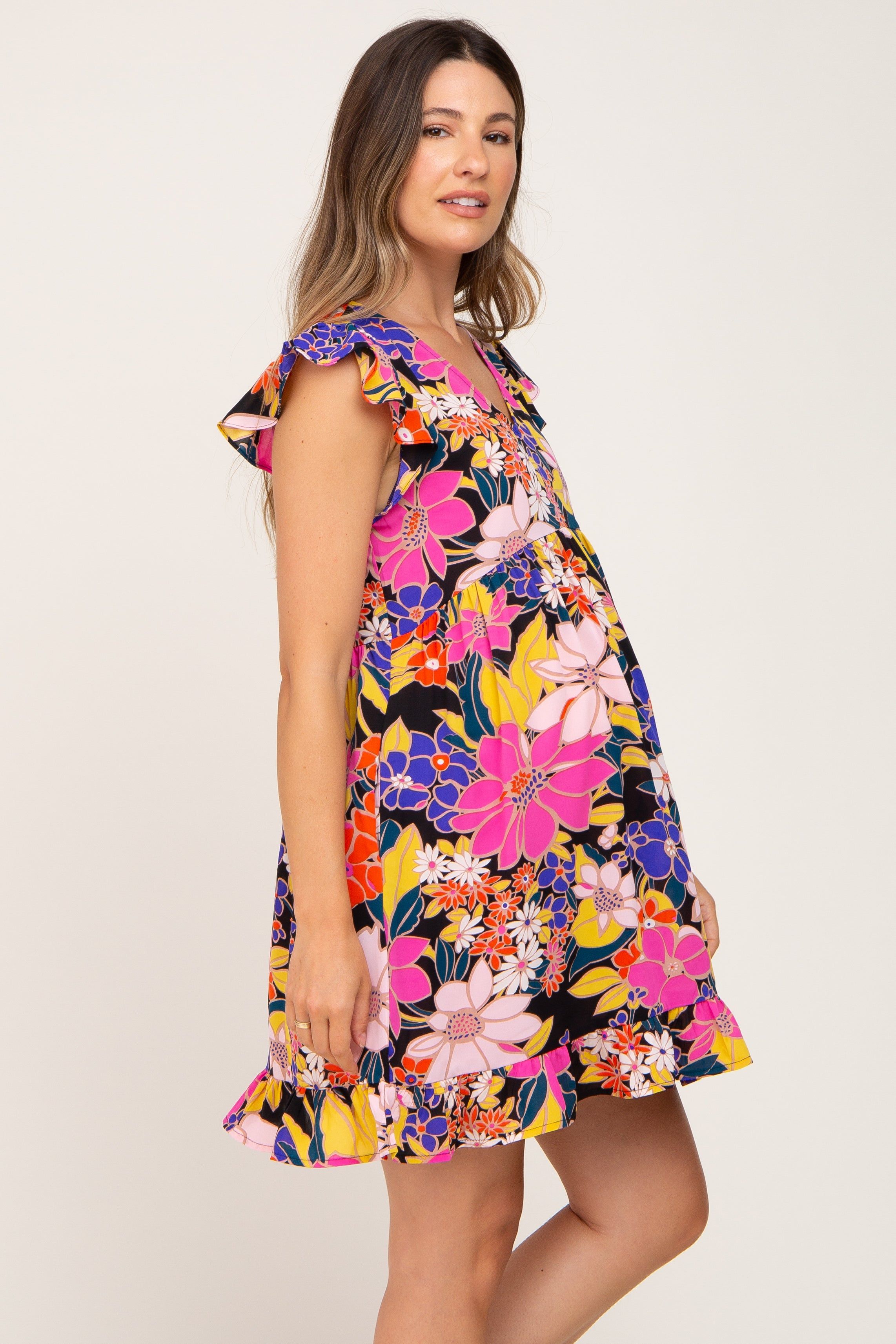 Black Multi-Color Floral Ruffle Maternity Dress sold by Pinkblush product image thumbnail 3