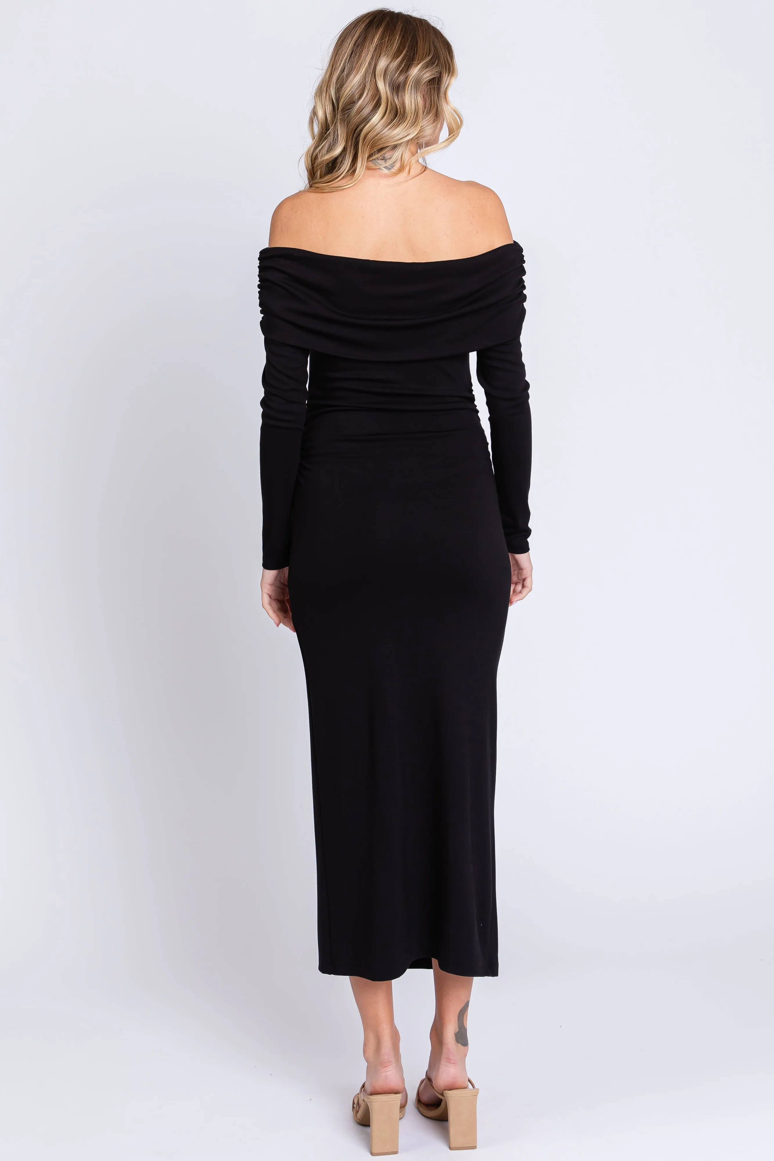 Black Foldover Off Shoulder Front Slit Midi Dress sold by Pinkblush product image thumbnail 4