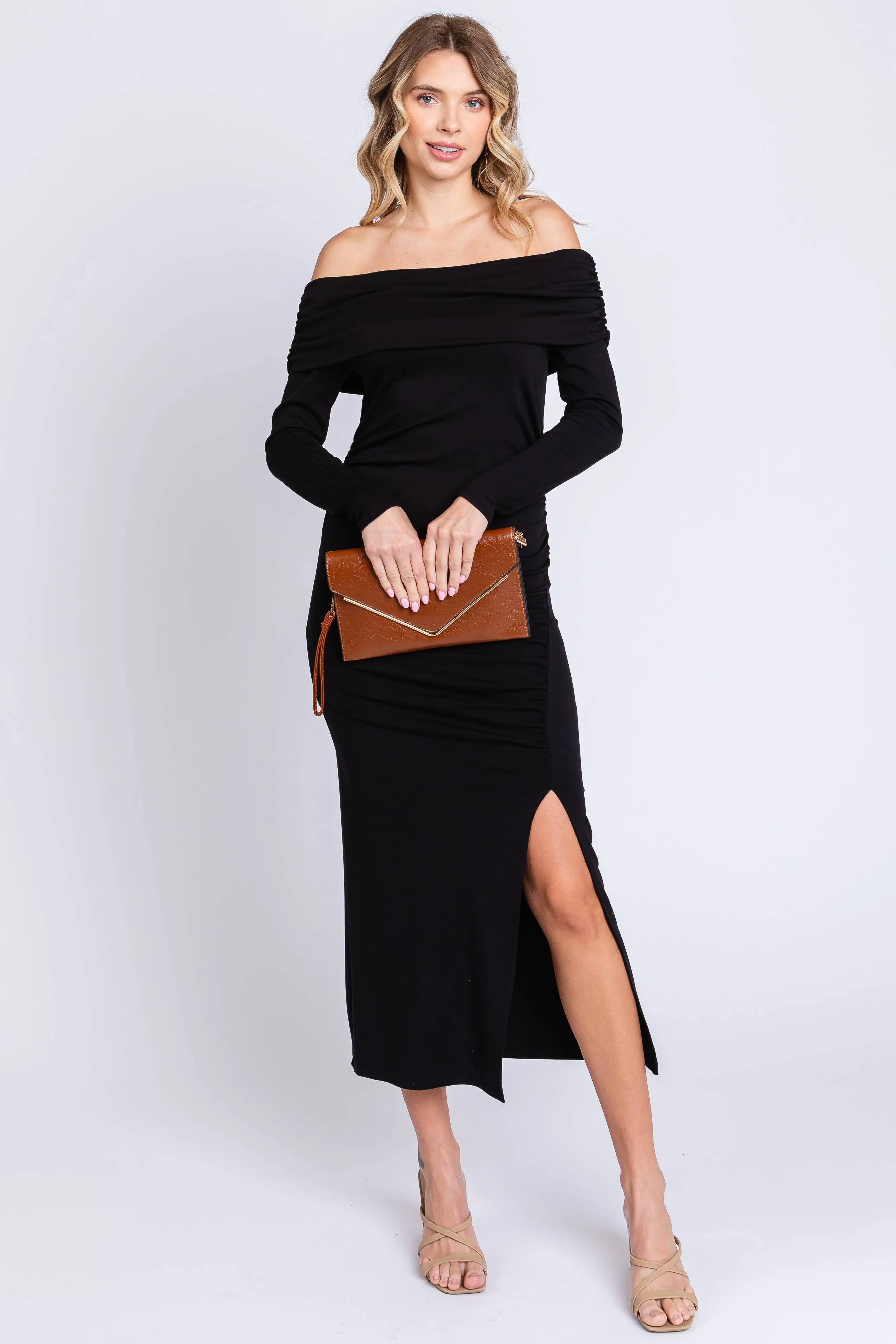 Black Foldover Off Shoulder Front Slit Midi Dress sold by Pinkblush