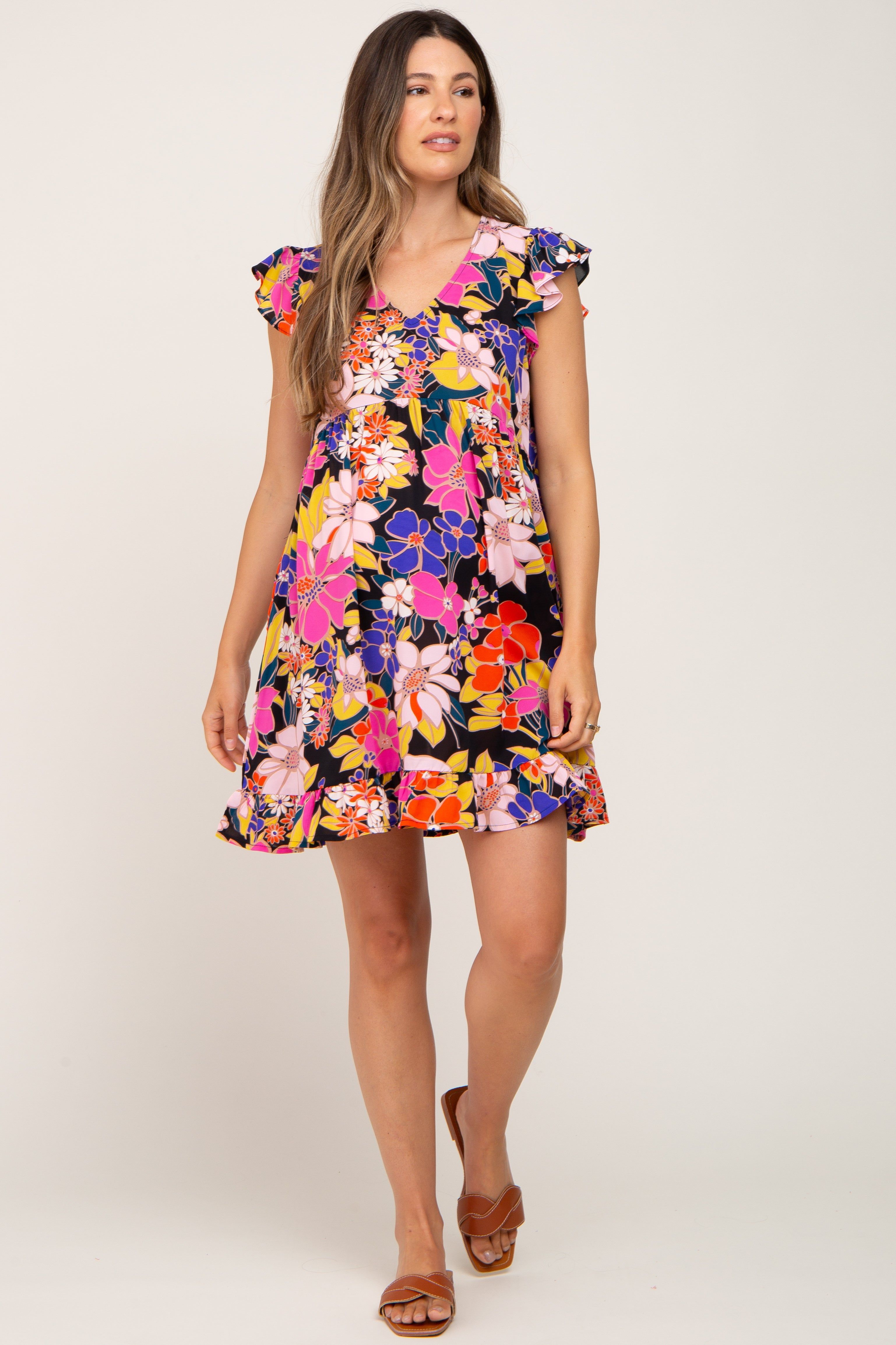 Black Multi-Color Floral Ruffle Maternity Dress sold by Pinkblush