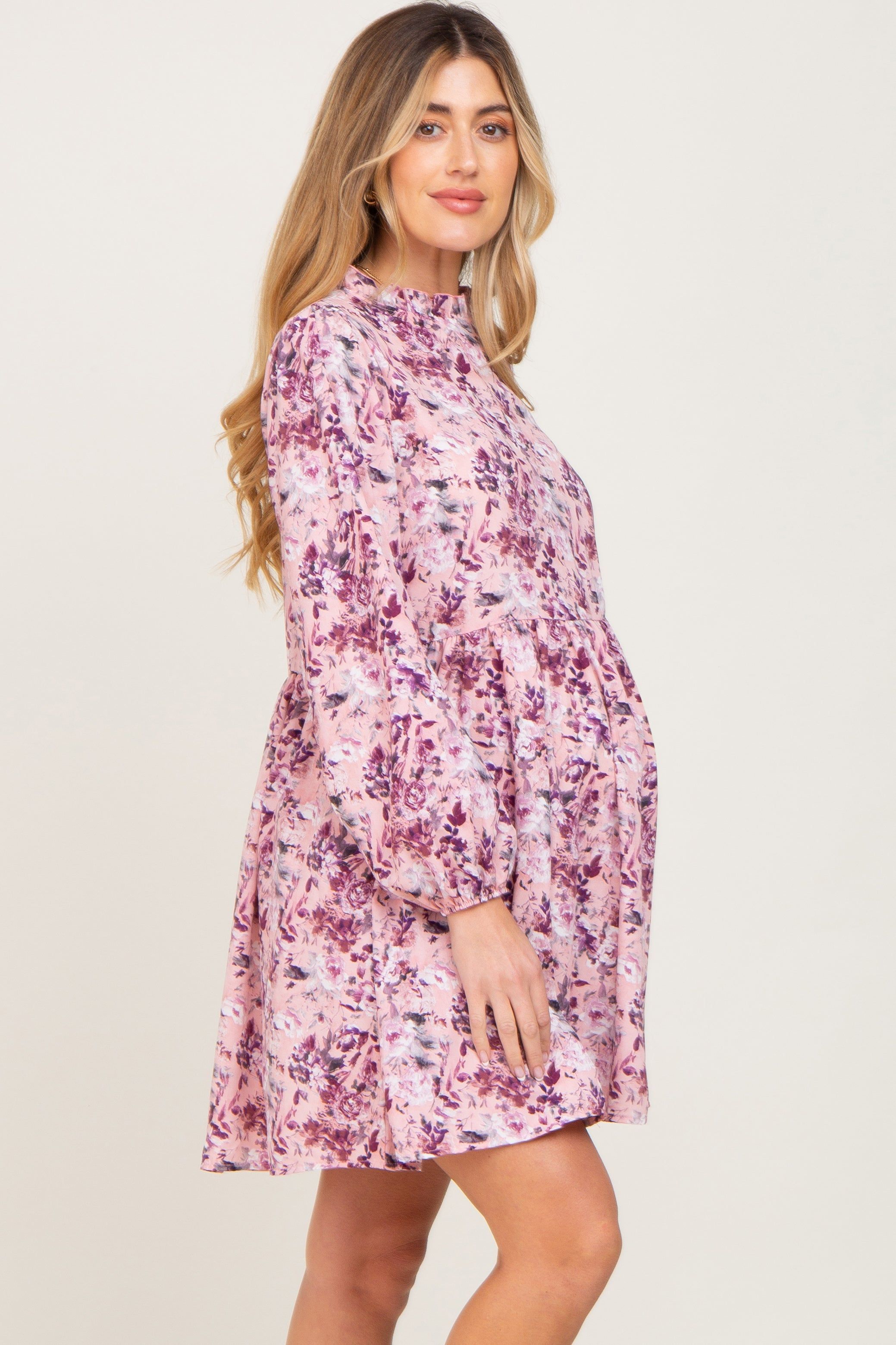 Pink Floral Ruffle Mock Neck Maternity Dress sold by Pinkblush product image thumbnail 3