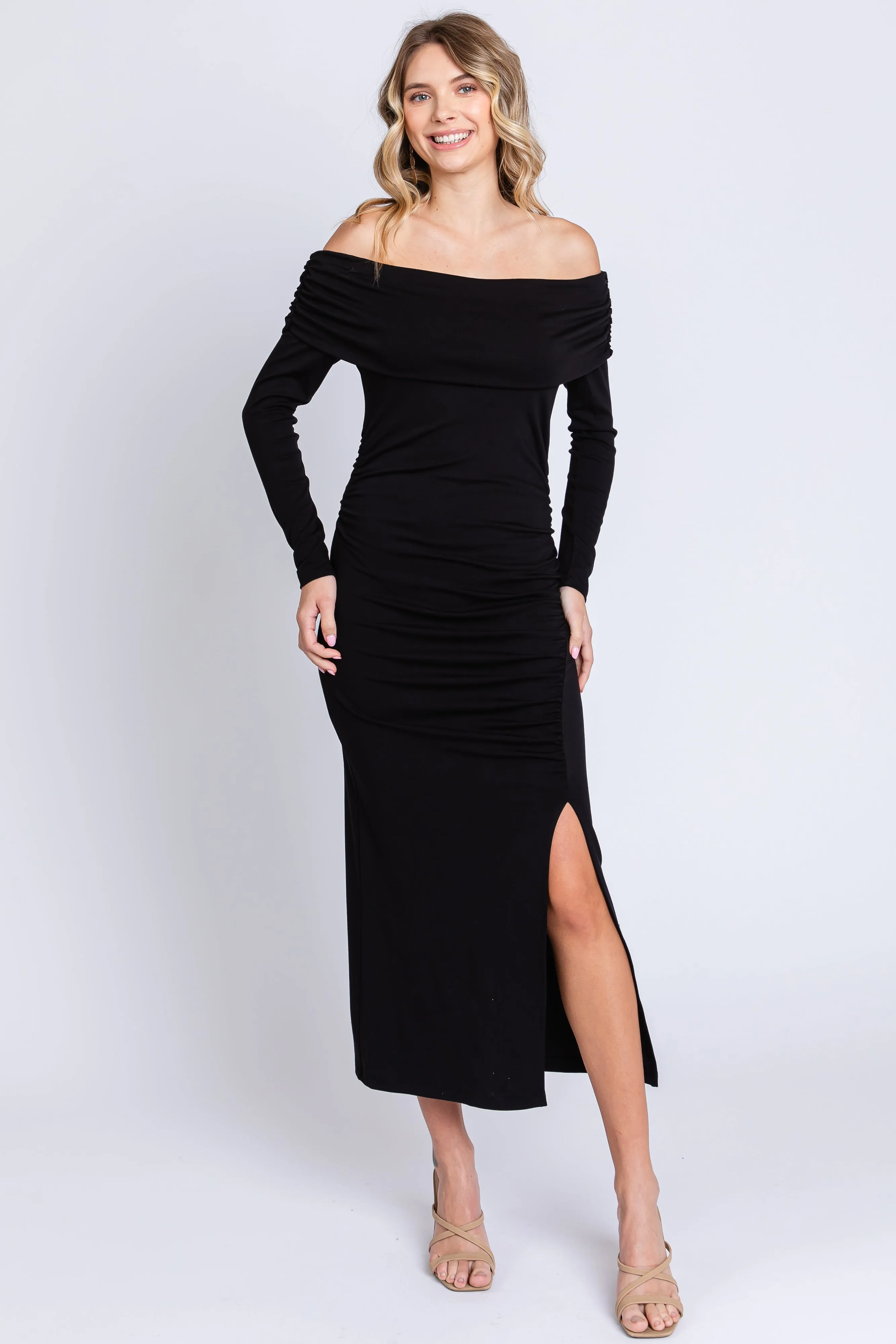 Black Foldover Off Shoulder Front Slit Midi Dress sold by Pinkblush product image thumbnail 2