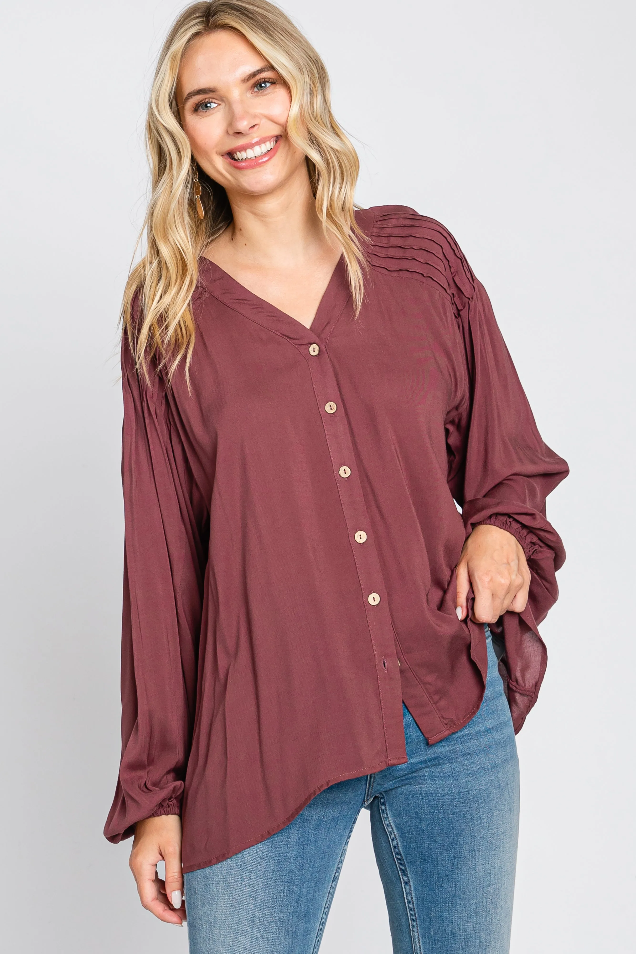 Burgundy Pleated Detail Blouse sold by Pinkblush