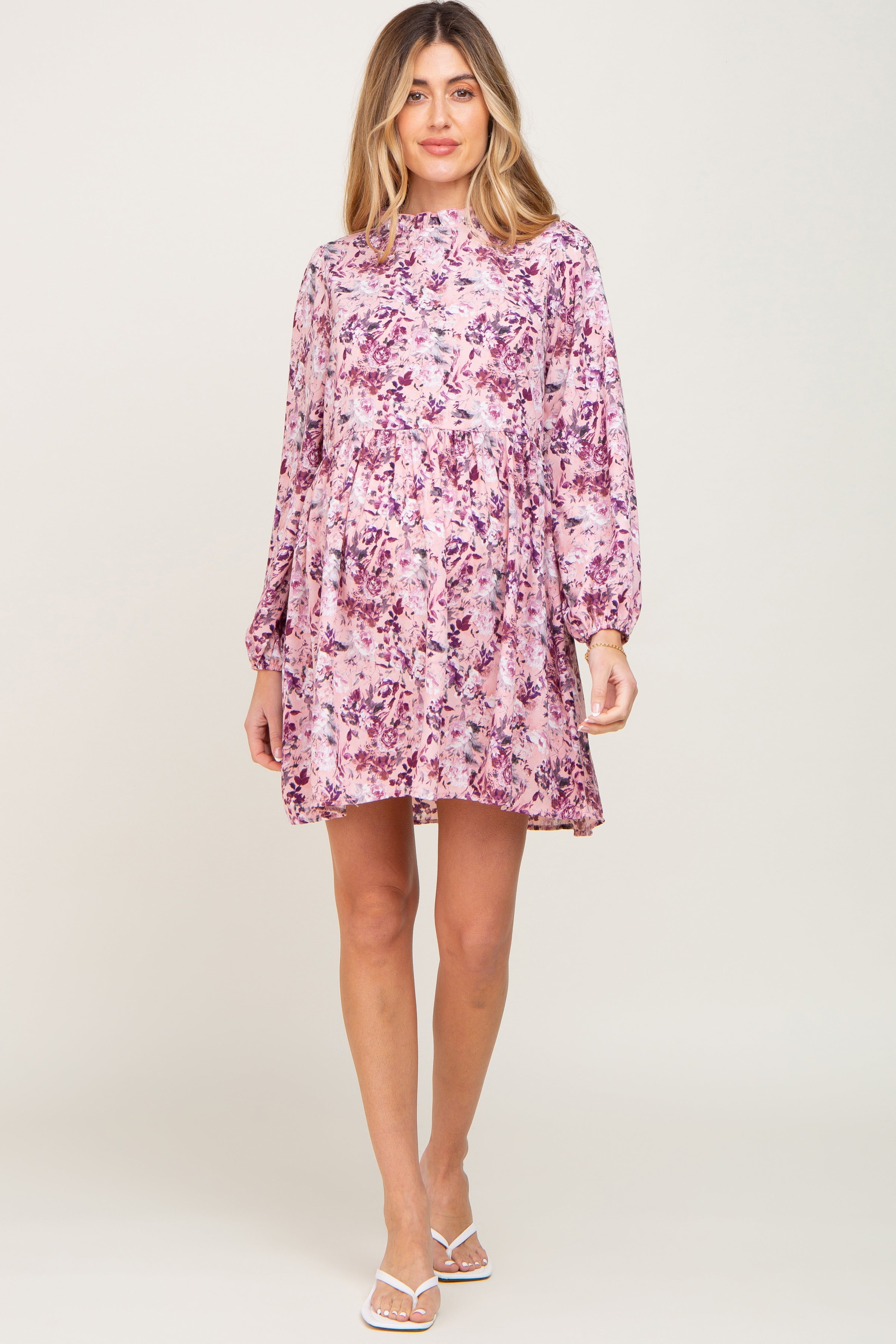 Pink Floral Ruffle Mock Neck Maternity Dress sold by Pinkblush