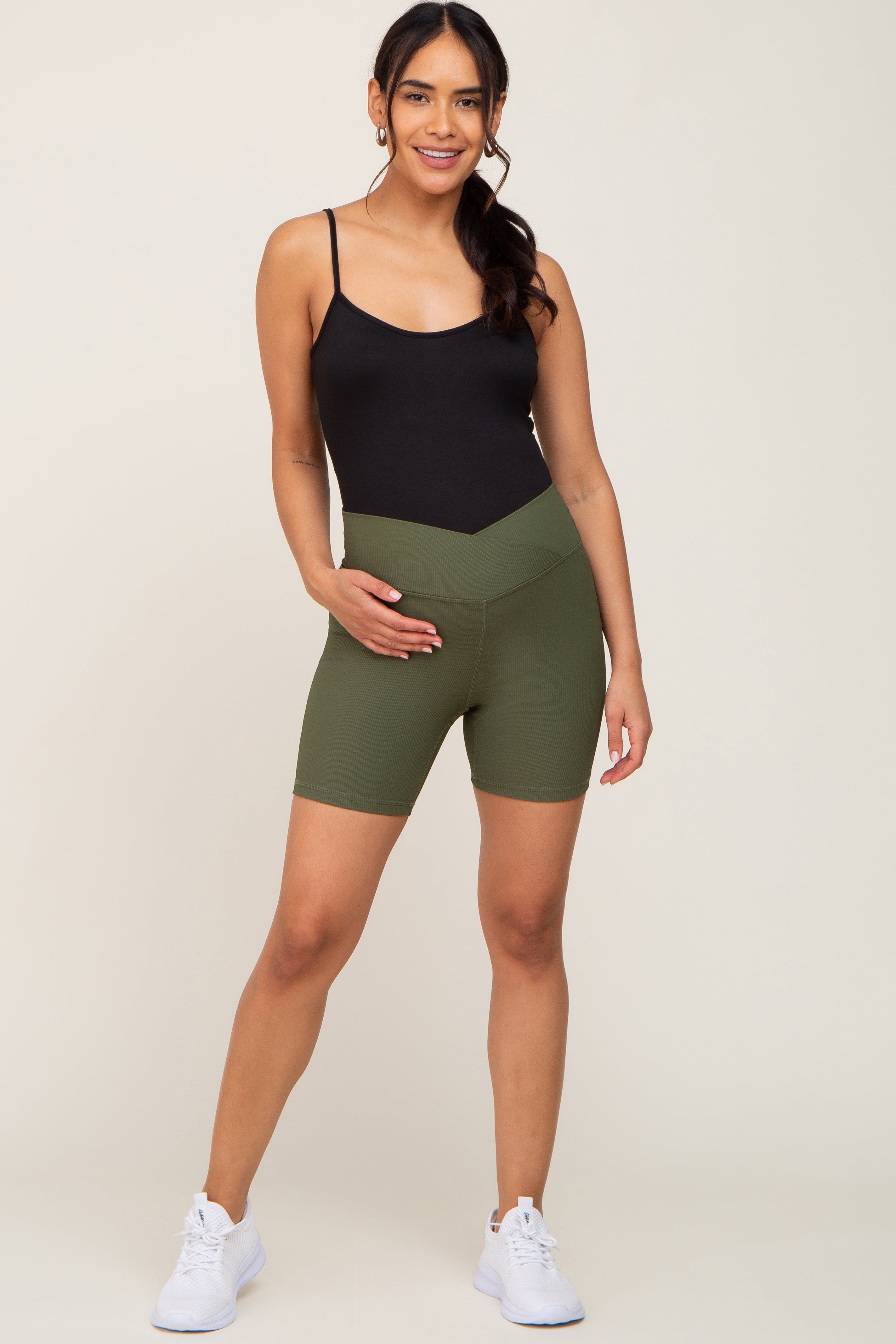 Olive Ribbed Crisscross Maternity Biker Shorts sold by Pinkblush product image thumbnail 5