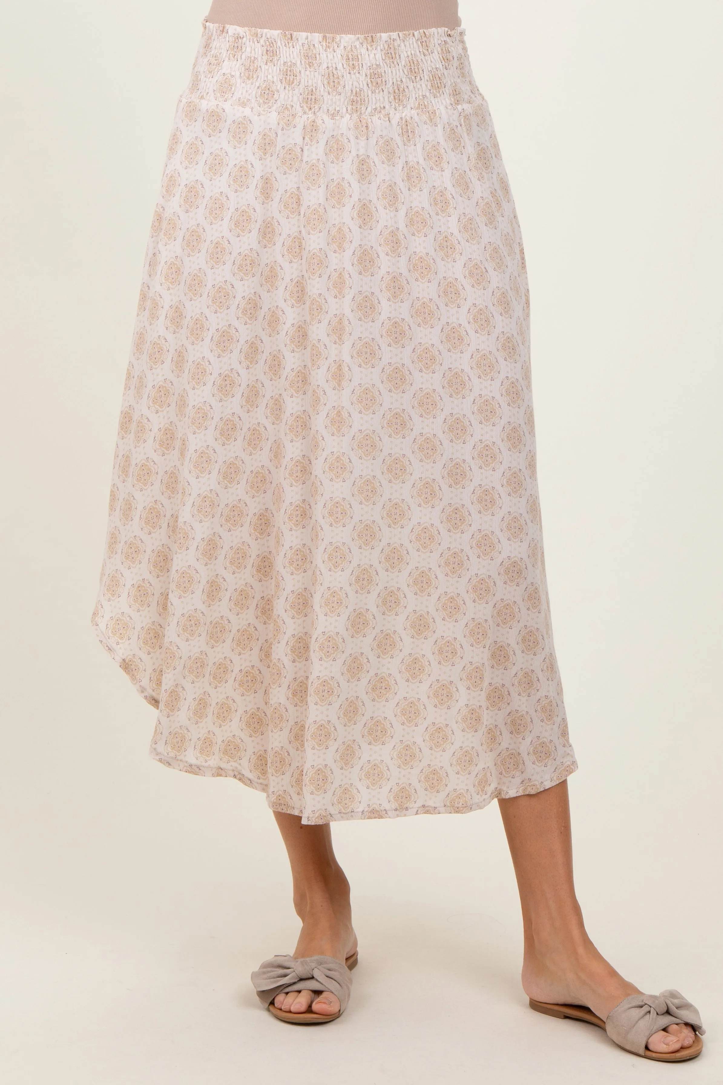 Beige Damask Print Smocked Waistband Midi Skirt sold by Pinkblush product image thumbnail 3