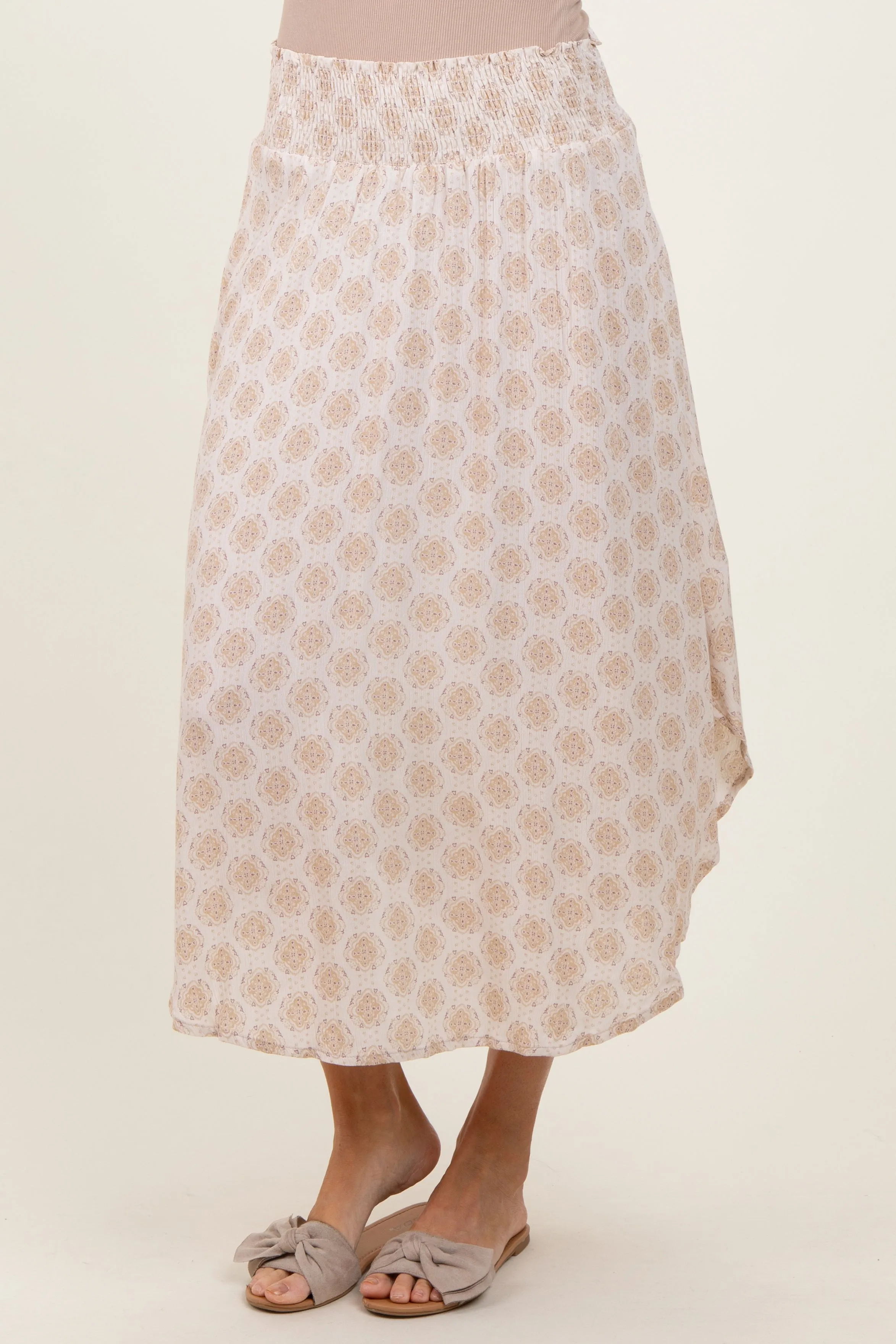 Beige Damask Print Smocked Waistband Midi Skirt sold by Pinkblush product image thumbnail 4