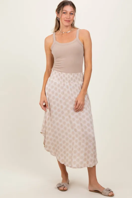 Beige Damask Print Smocked Waistband Midi Skirt sold by Pinkblush