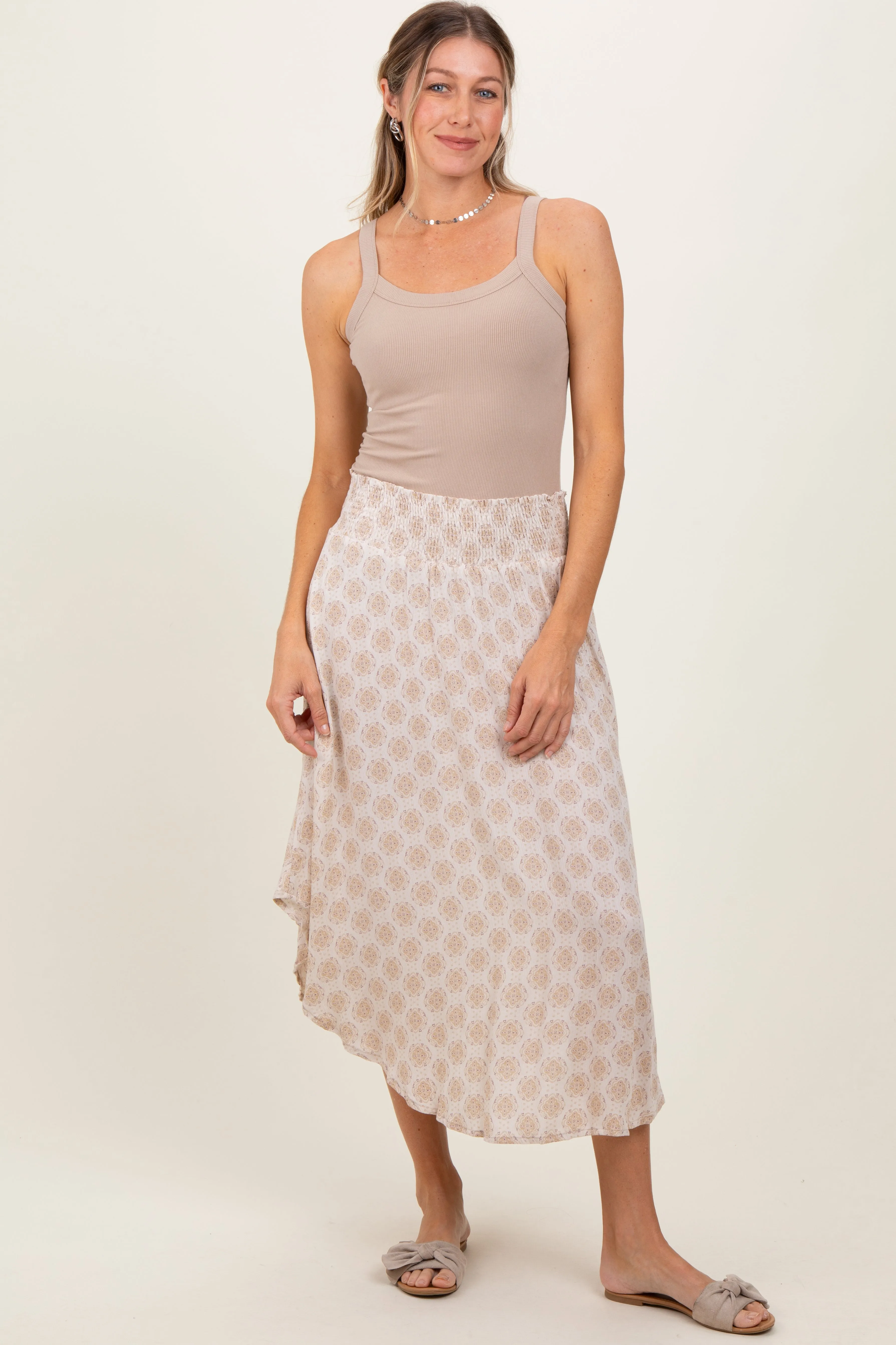 Beige Damask Print Smocked Waistband Midi Skirt sold by Pinkblush