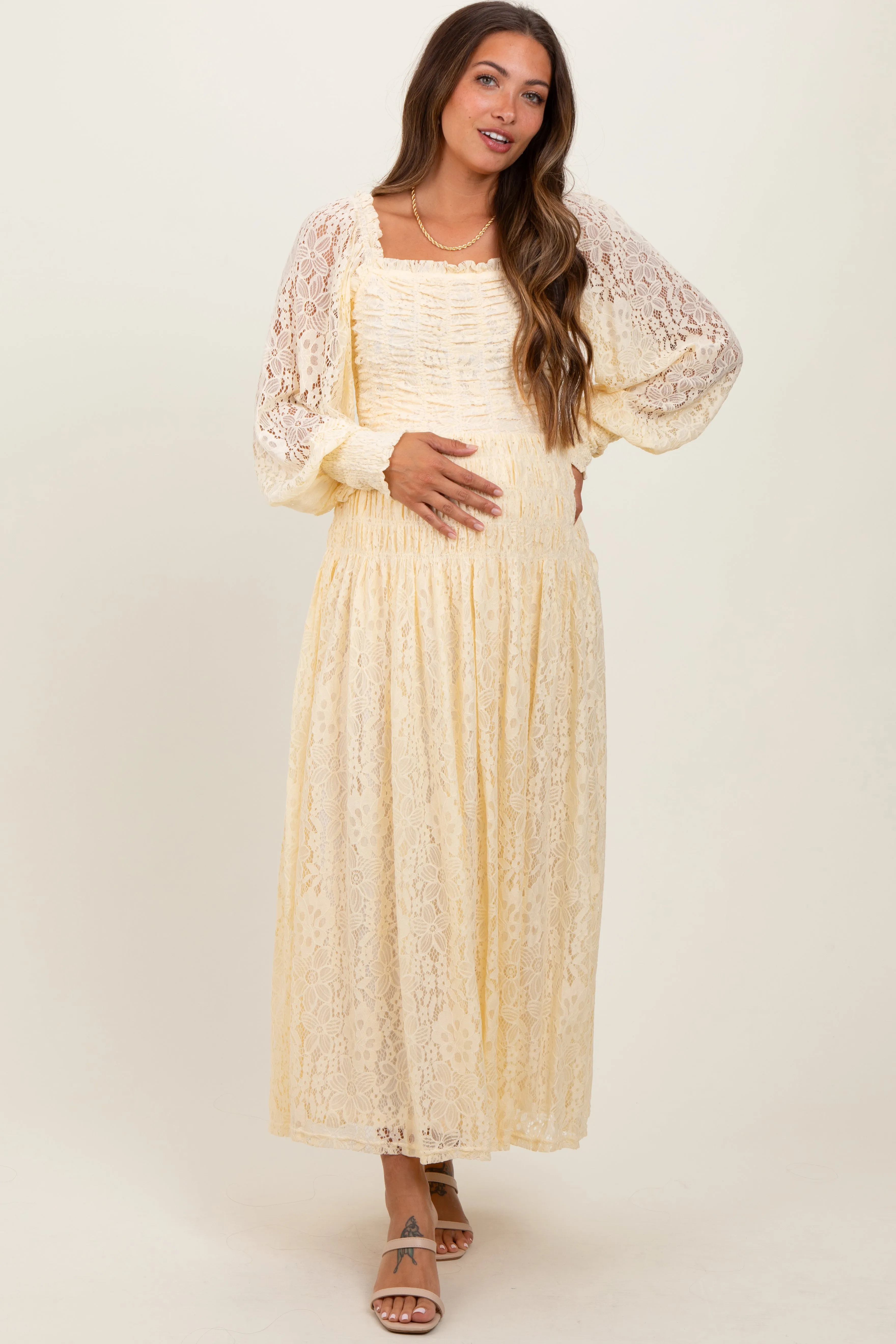 Cream Lace Smocked Bubble Sleeve Maternity Maxi Dress sold by Pinkblush
