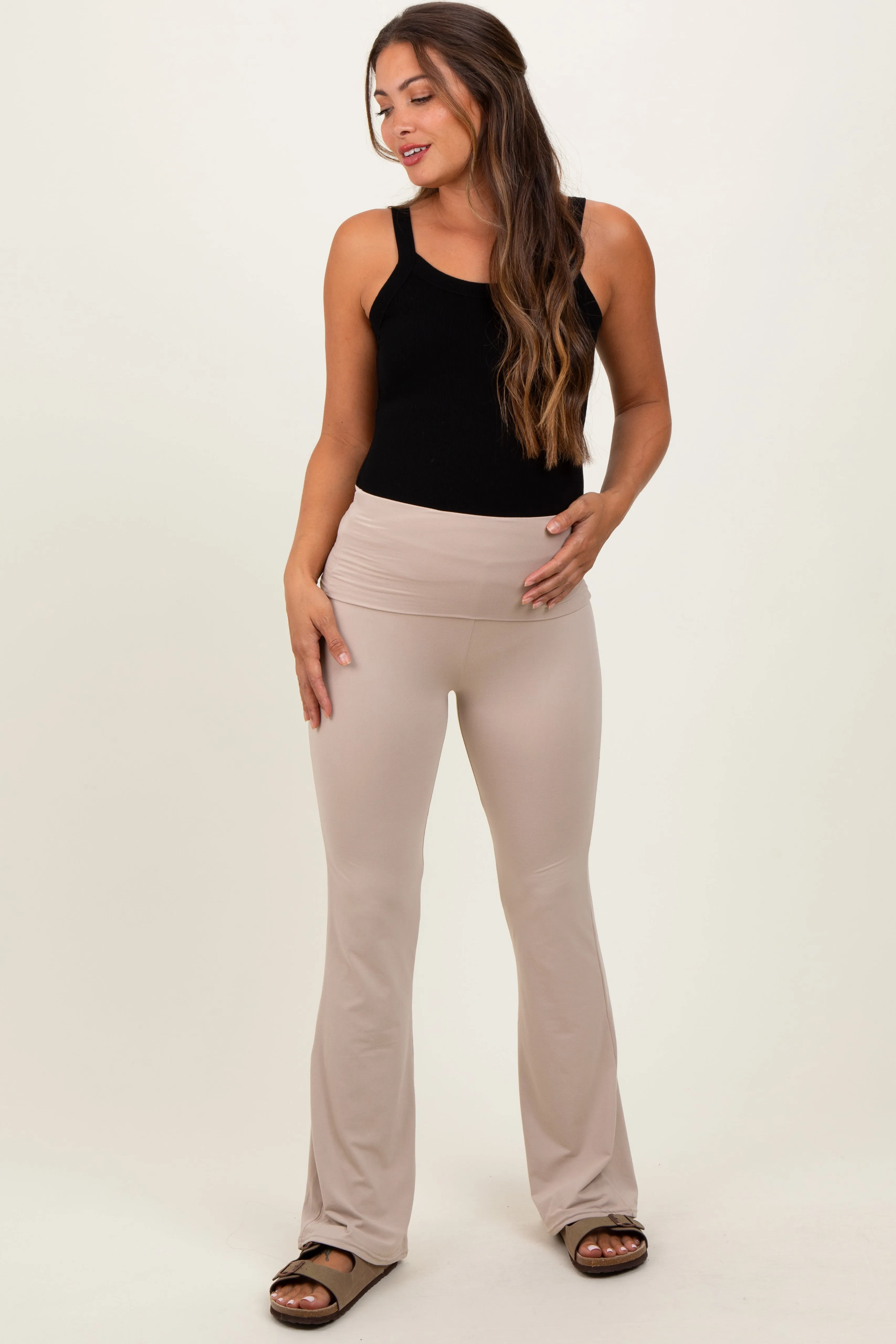 Cream Fold Over Waistband Maternity Flared Pants sold by Pinkblush product image thumbnail 2