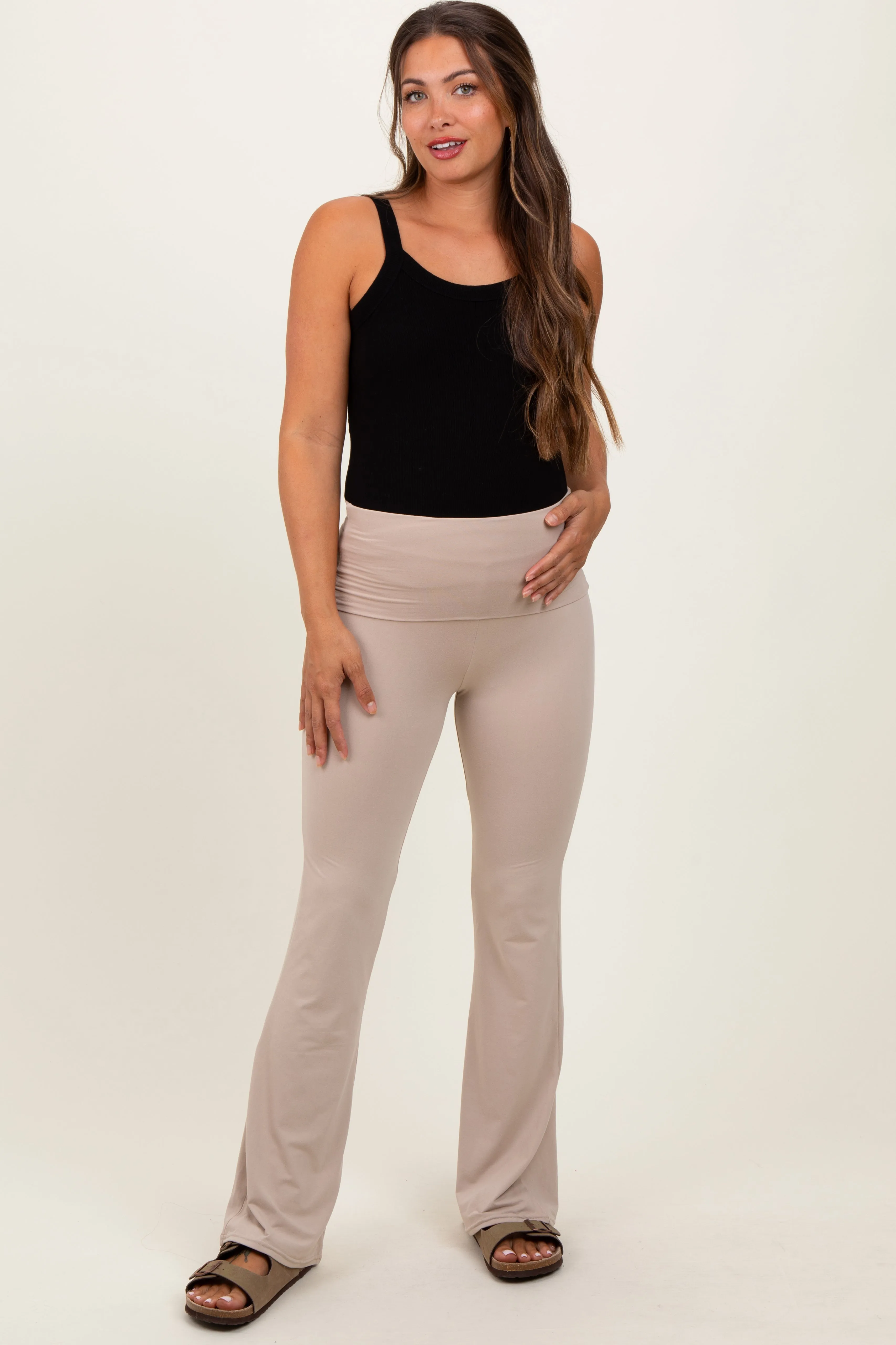Cream Fold Over Waistband Maternity Flared Pants sold by Pinkblush