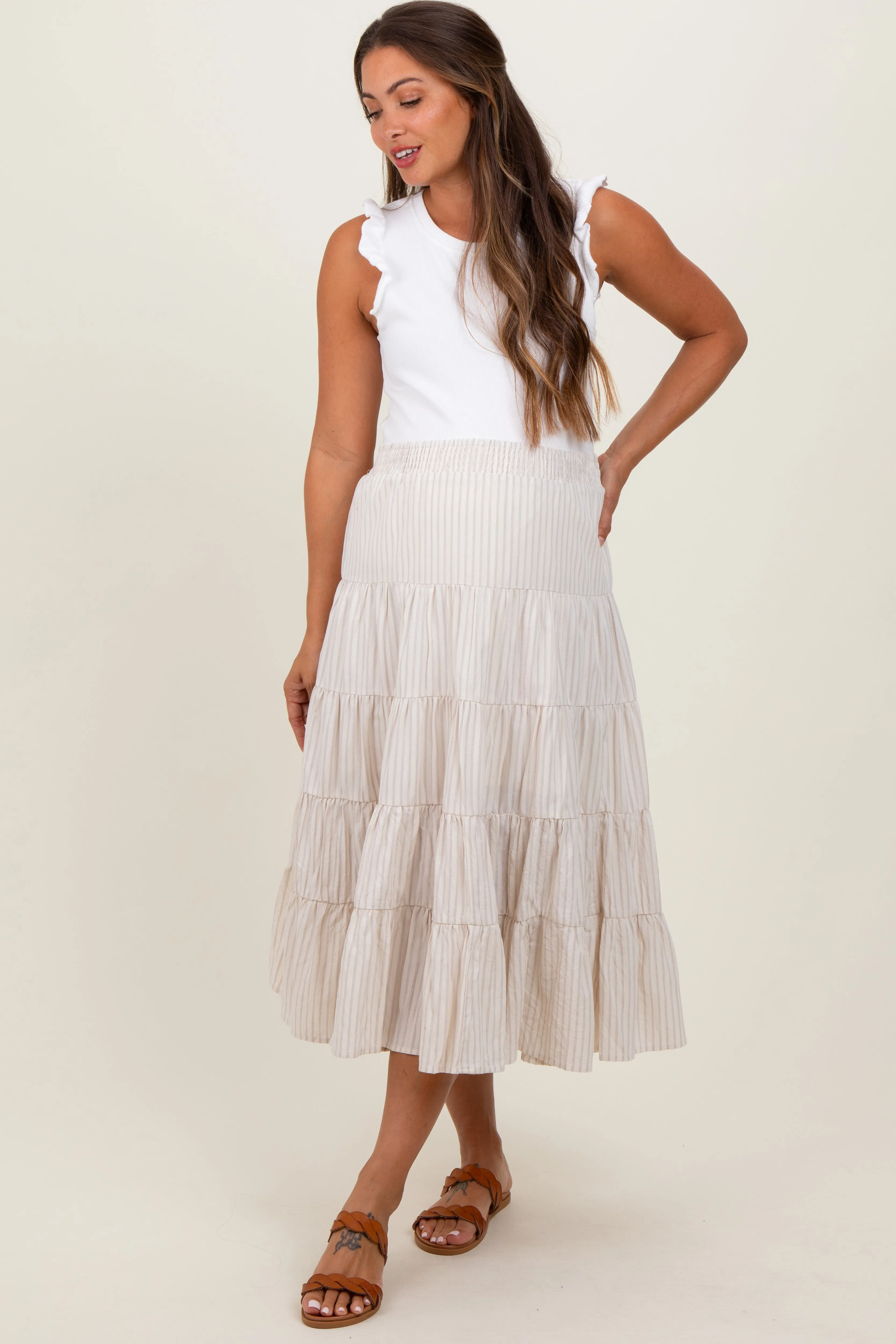 Ivory Striped Tiered Maternity Maxi Skirt sold by Pinkblush