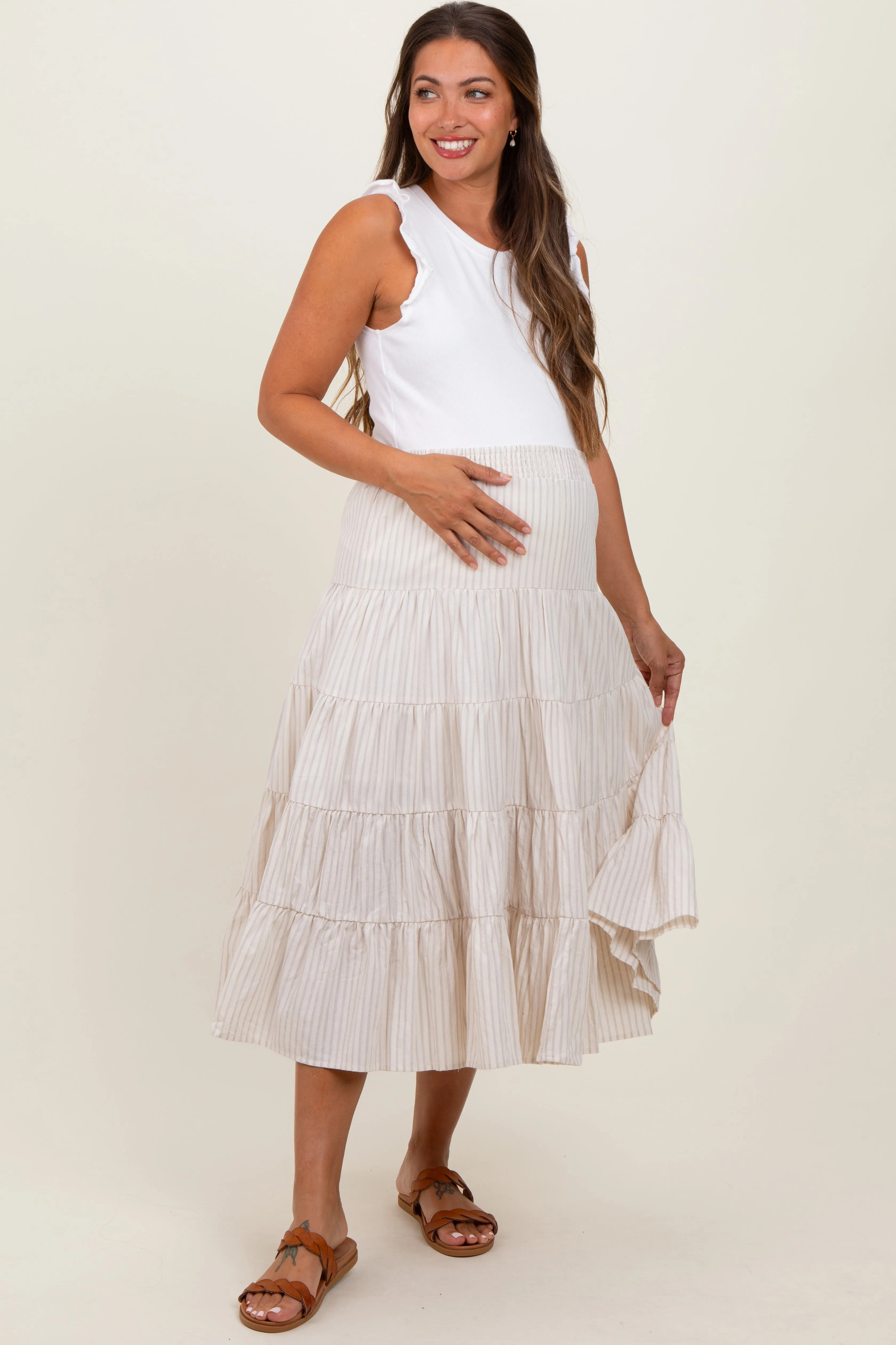 Ivory Striped Tiered Maternity Maxi Skirt sold by Pinkblush product image thumbnail 2