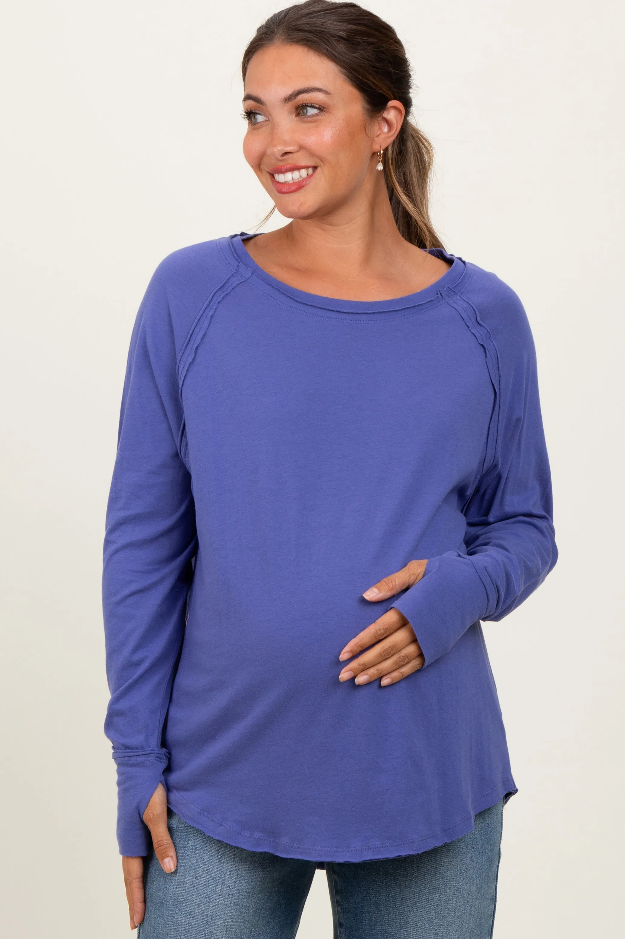 Periwinkle Exposed Seam Long Sleeve Maternity Top sold by Pinkblush