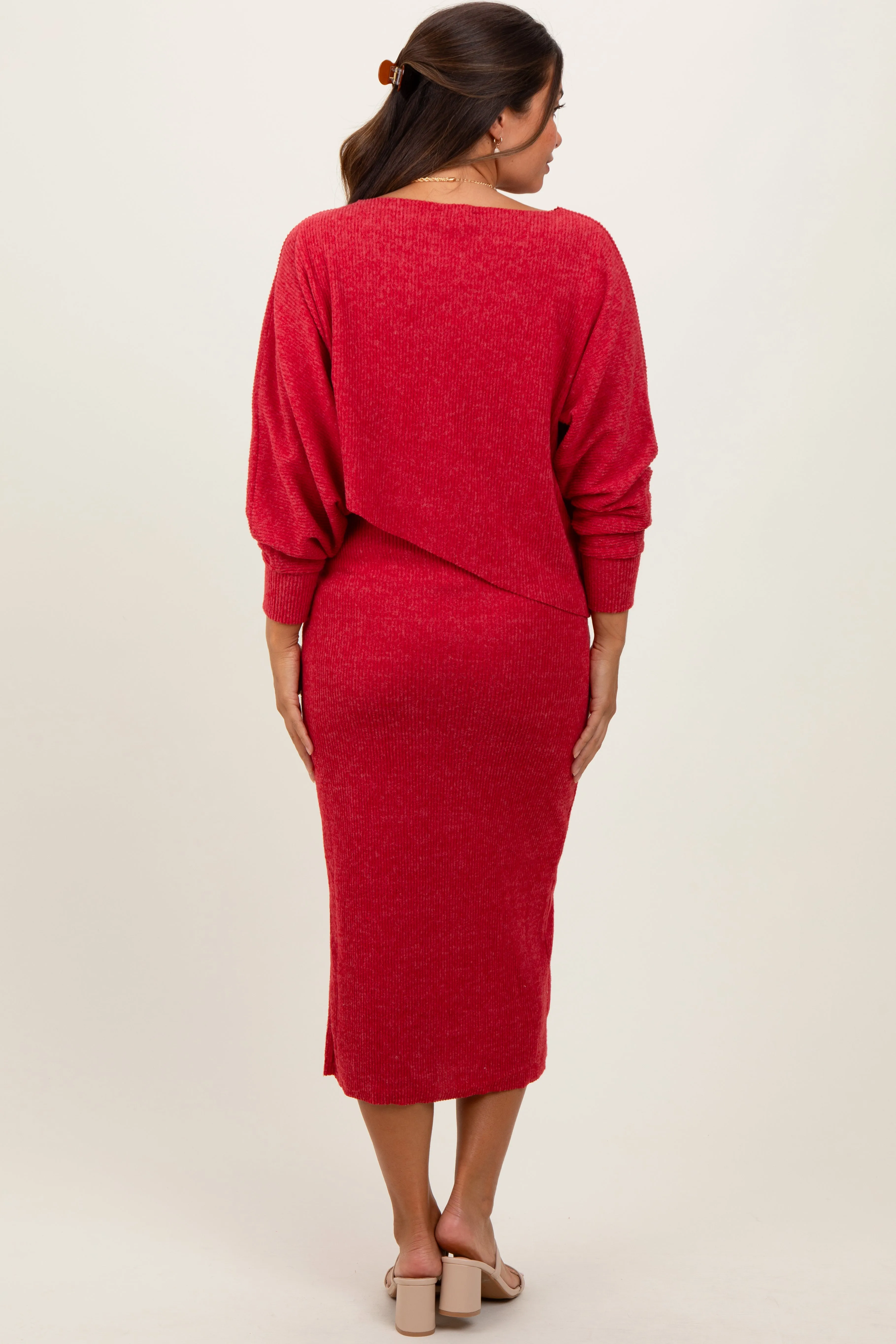 Red Ribbed Knit Asymmetric Top Midi Skirt Maternity Set sold by Pinkblush product image thumbnail 4