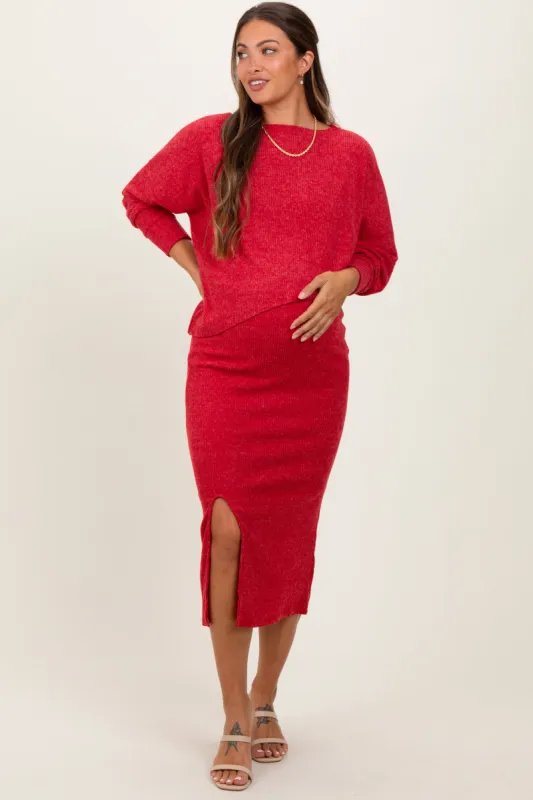 Red Ribbed Knit Asymmetric Top Midi Skirt Maternity Set sold by Pinkblush