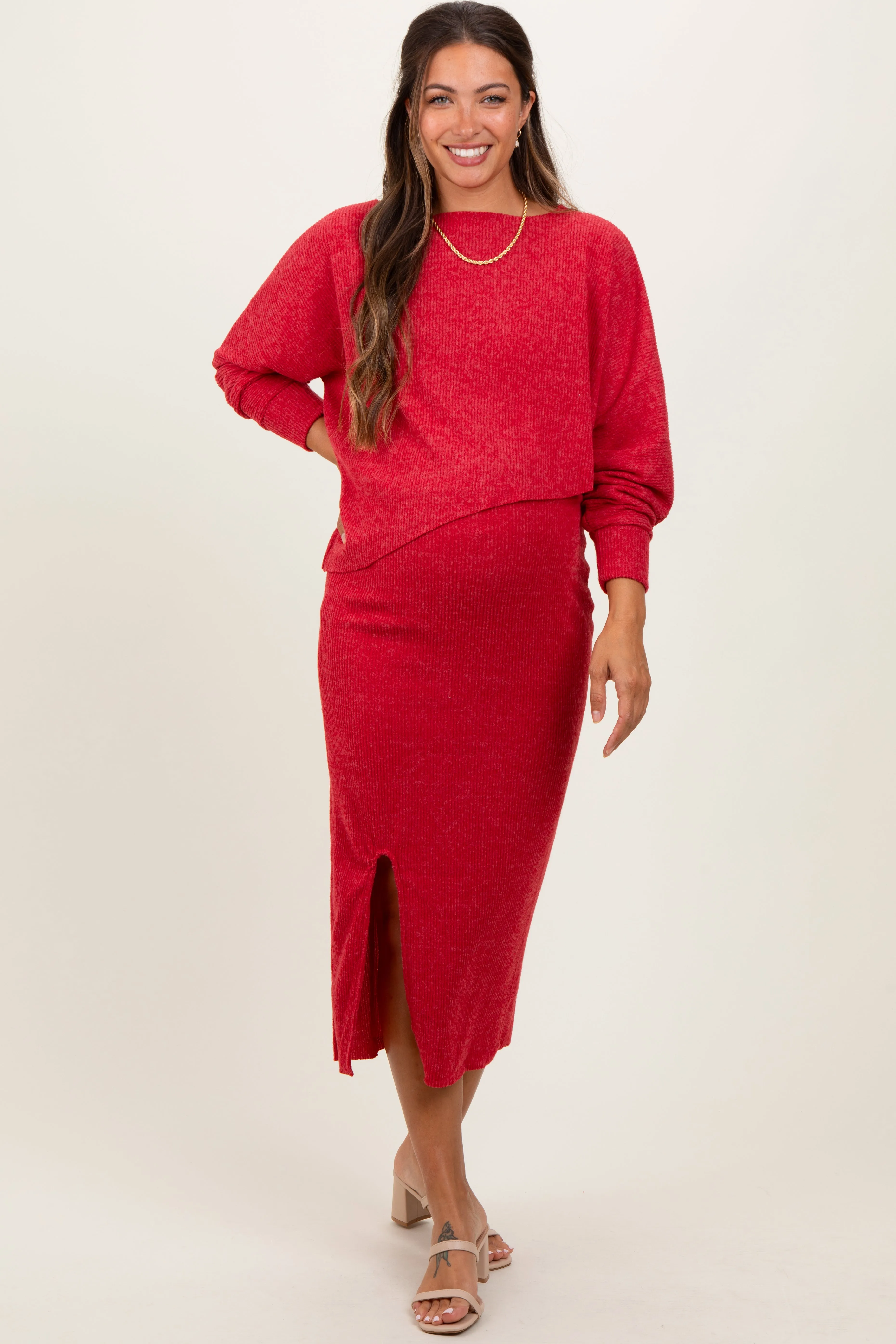 Red Ribbed Knit Asymmetric Top Midi Skirt Maternity Set sold by Pinkblush product image thumbnail 2