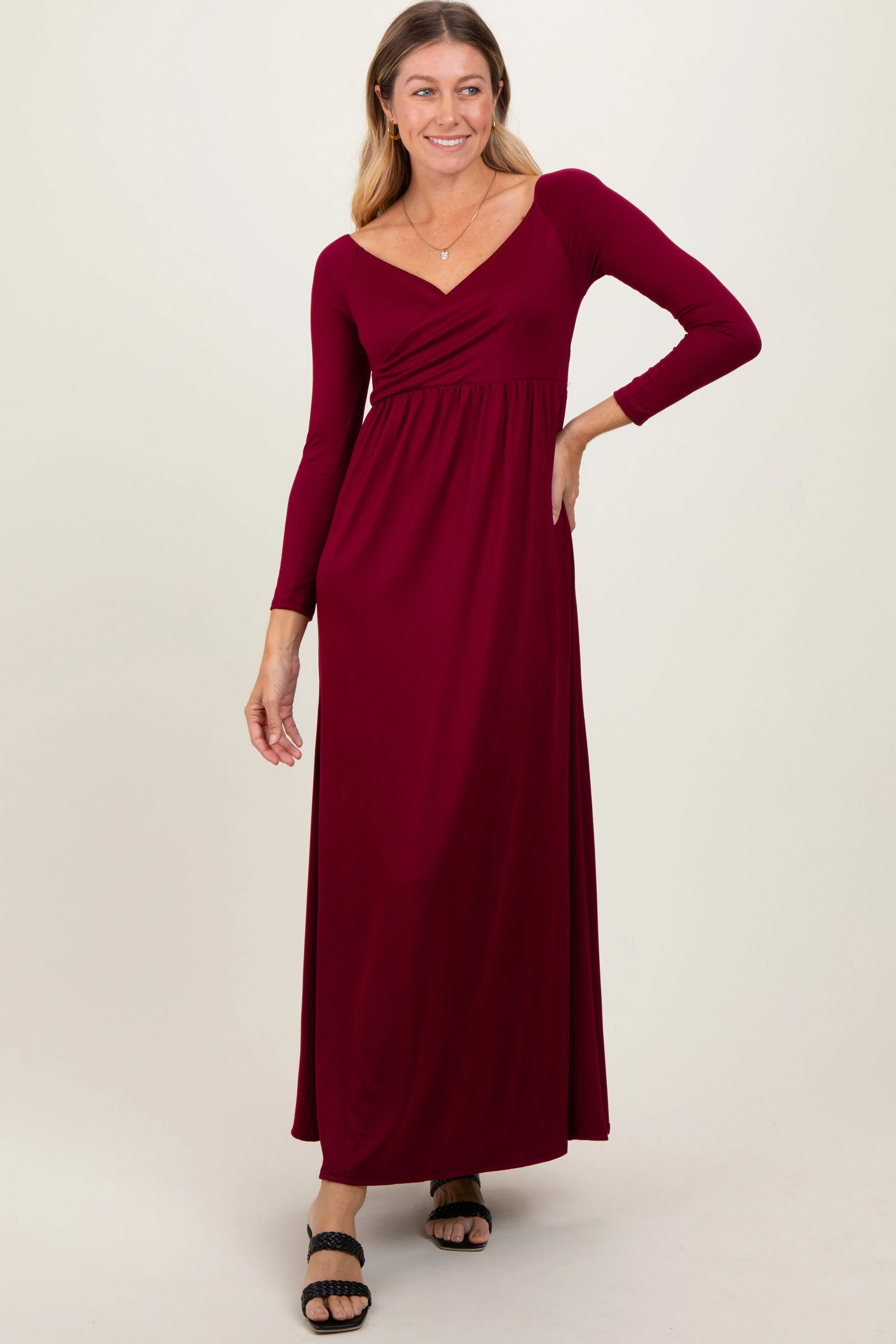 Burgundy Wrap Front Empire Waist Maxi Dress sold by Pinkblush