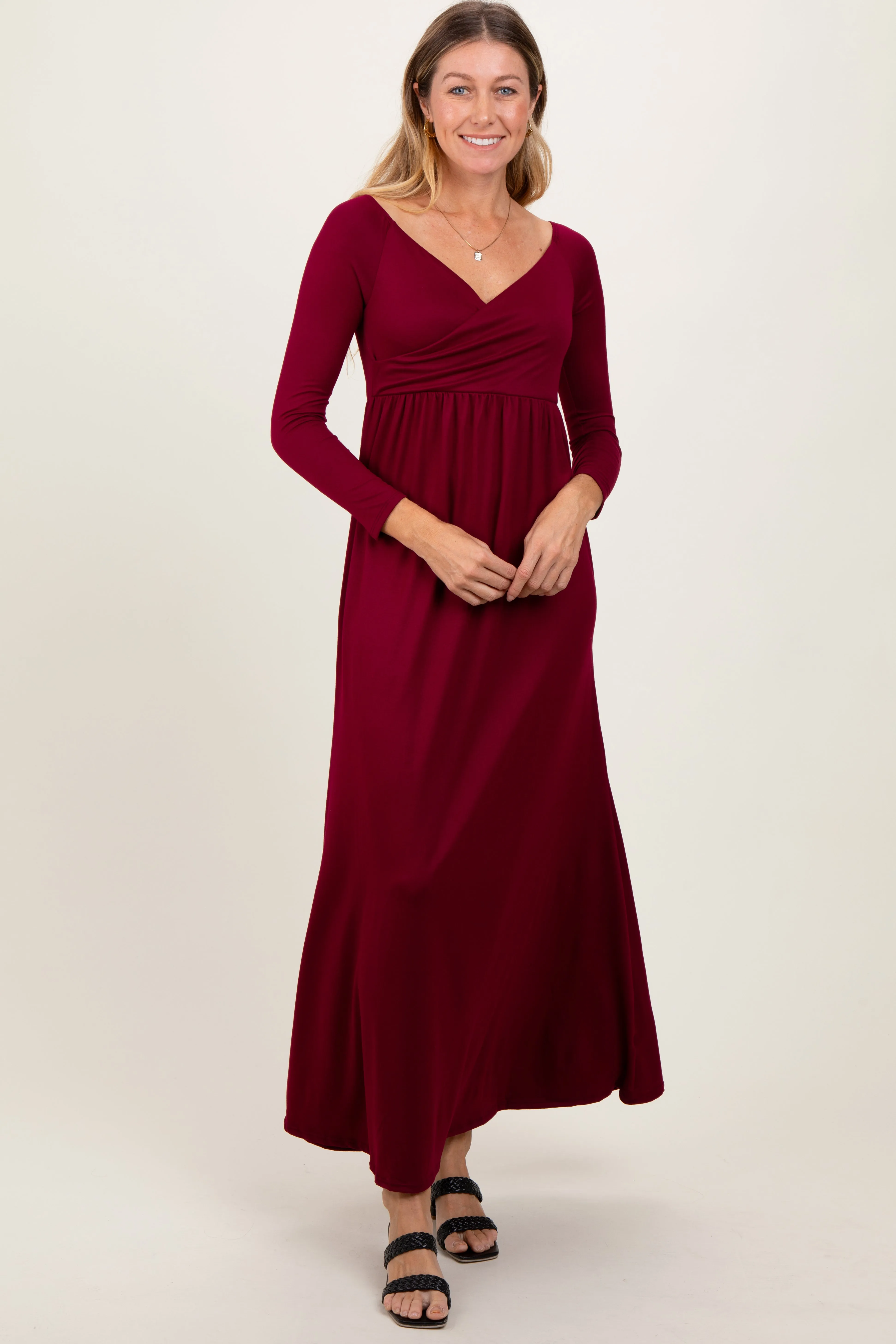 Burgundy Wrap Front Empire Waist Maxi Dress sold by Pinkblush product image thumbnail 2