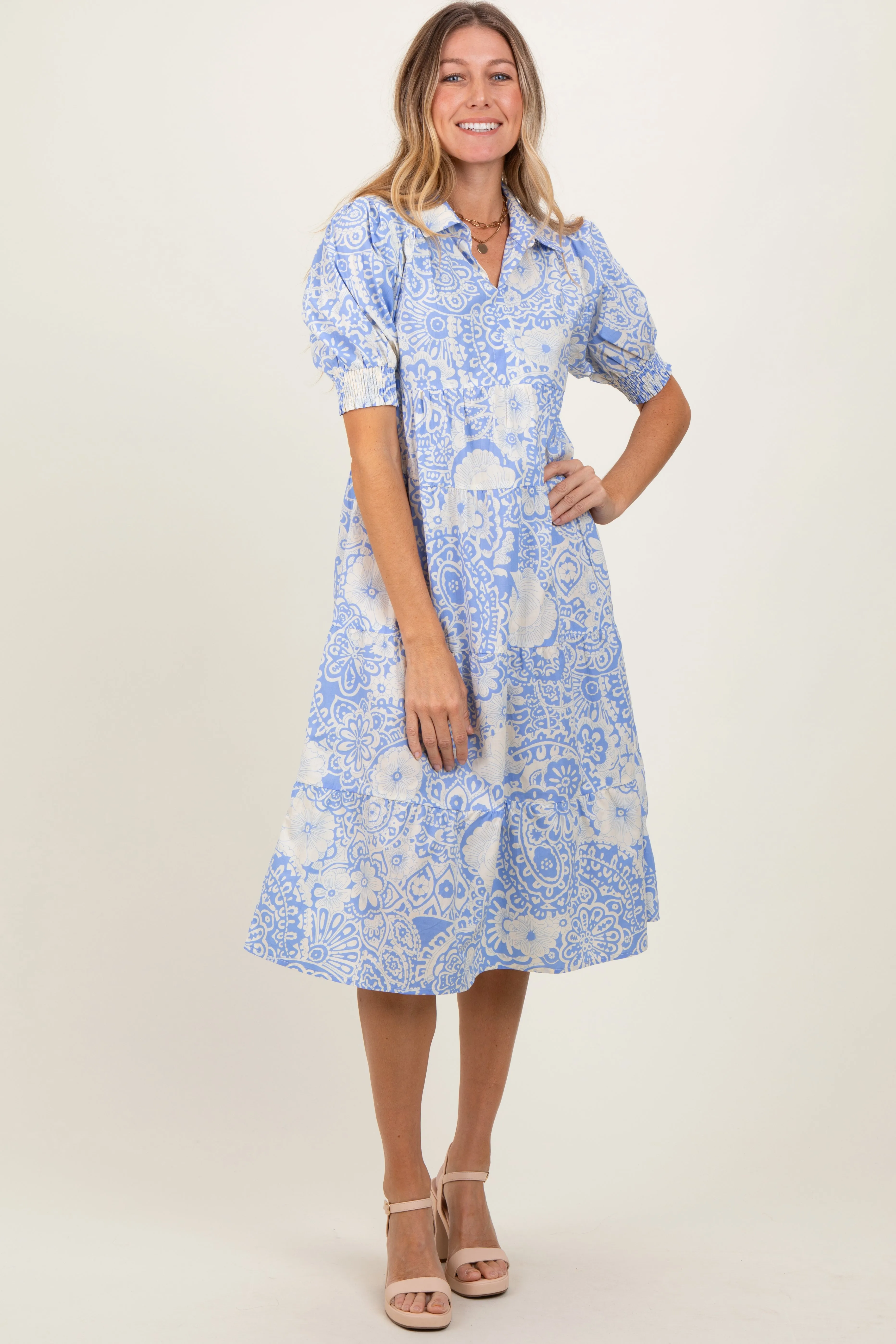 Periwinkle Floral Collared Tiered Midi Dress sold by Pinkblush