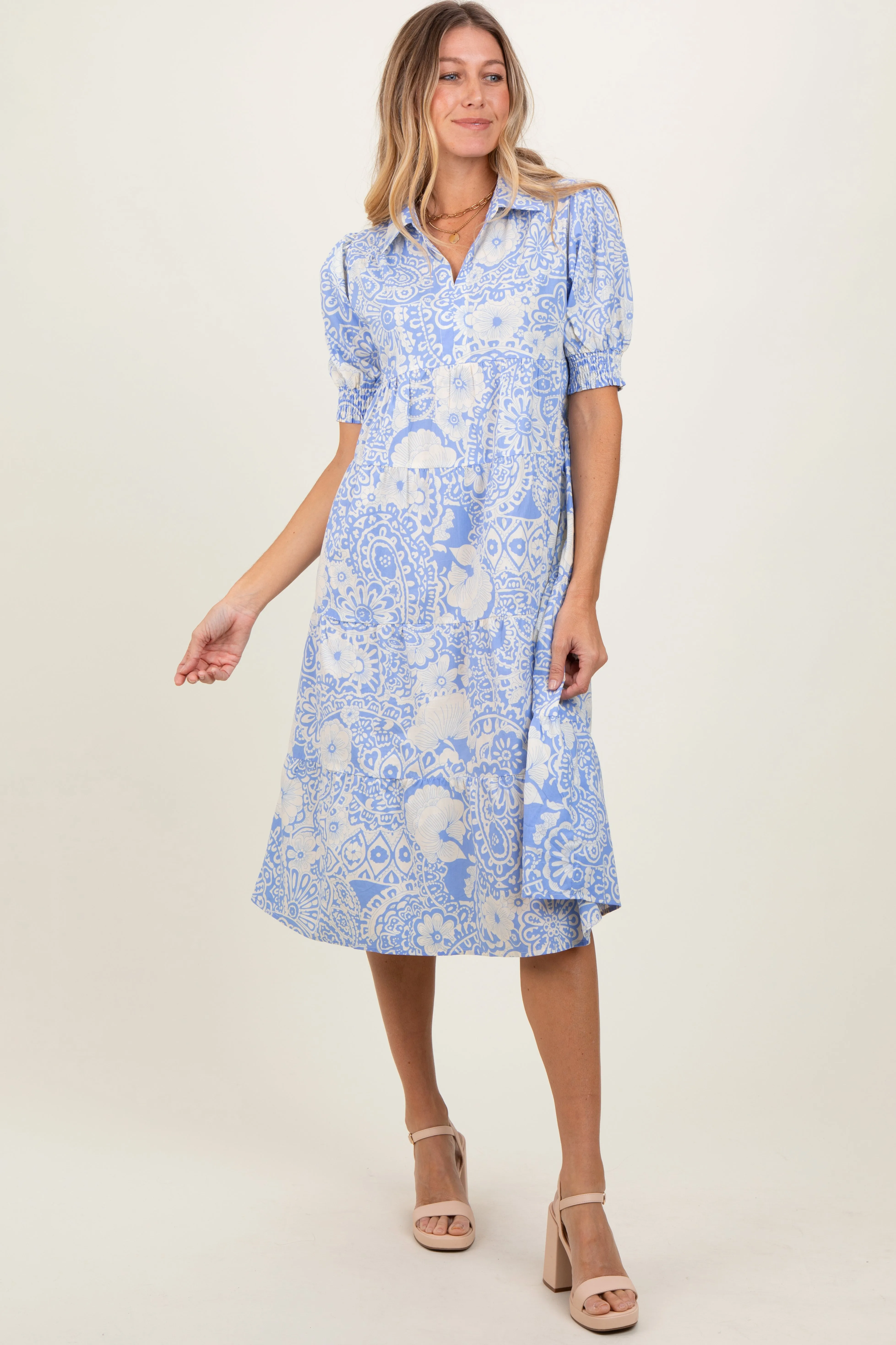 Periwinkle Floral Collared Tiered Midi Dress sold by Pinkblush product image thumbnail 2